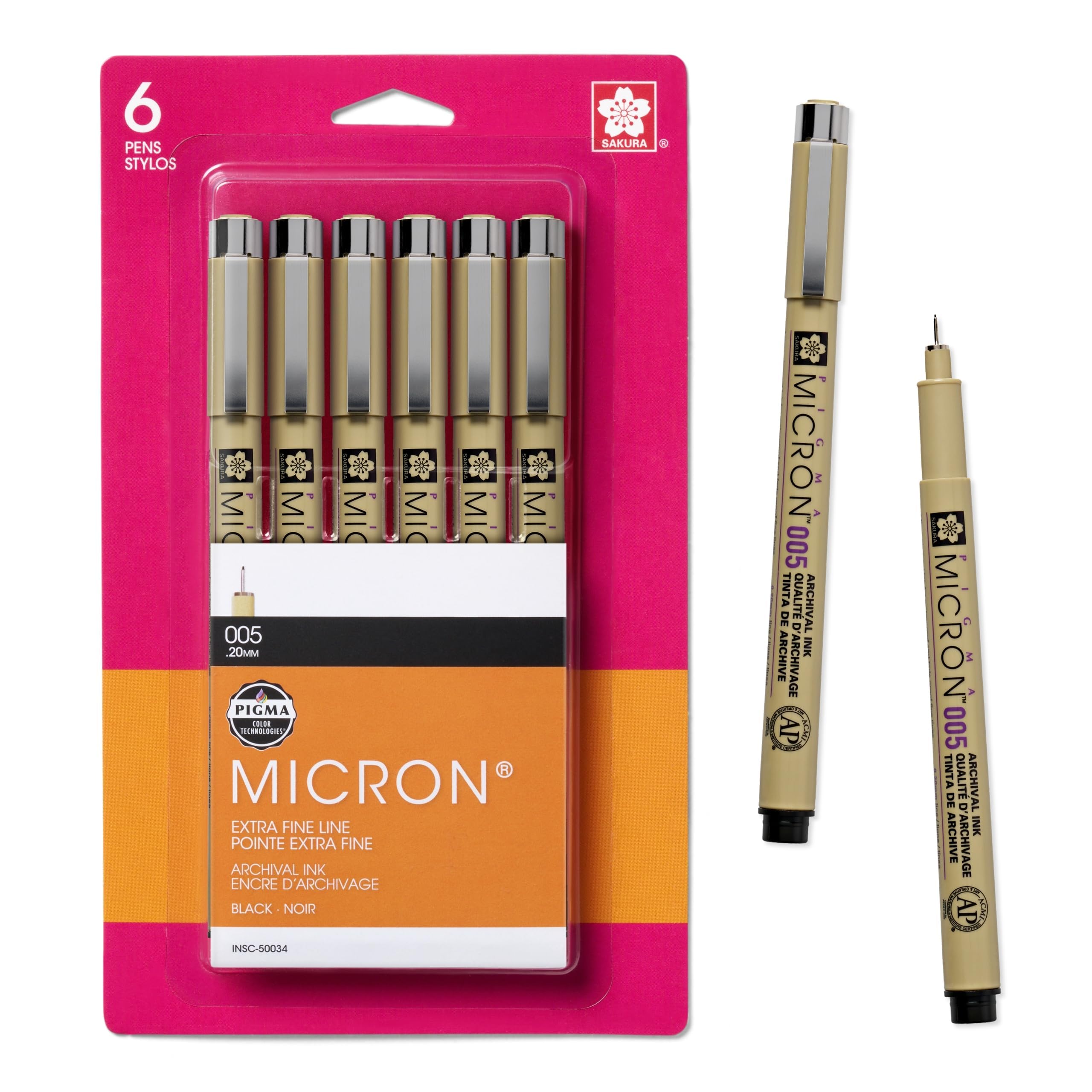Pigma Micron Fineliner Pens, 005 Tip Size, Archival Black Ink, 6PK 50034