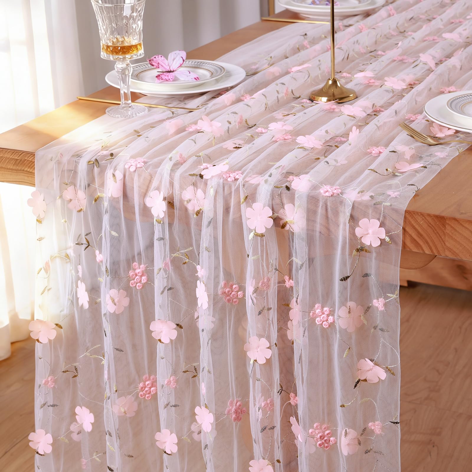 Weldomcor Gauze Table Runner, 70x300 cm Sheer Cheesecloth Table Runners with Embroidery 3D Flower Spring Seasonal Table Decor for Kitchen Dining Coffee Wedding Arch Birthday Party (Pink)