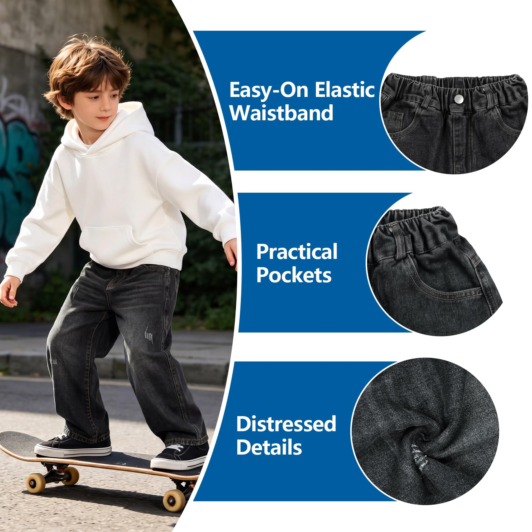 Jeans Garçon Enfants Droit Baggy Pantalon Denim Loose Fit avec Taille Élastique Long Jeans Casual Bleu Pant Décontracté Stretch Denims Mode Streetwear pour Ado 5-14 Ans