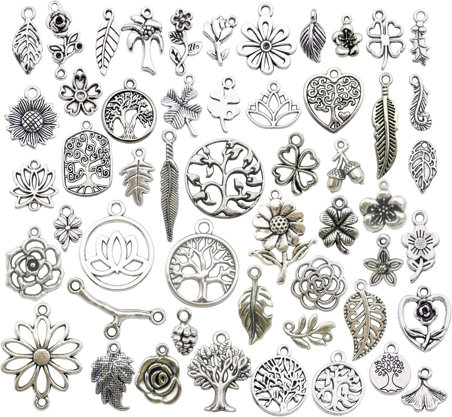 Youdiyla 100pcs Mix Silver Tree Flower Charms Collection, Bulk Mini Small Little Charms Metal Pendant Craft Supplies Findings for Necklace and Bracelet Jewelry Making (HM291)