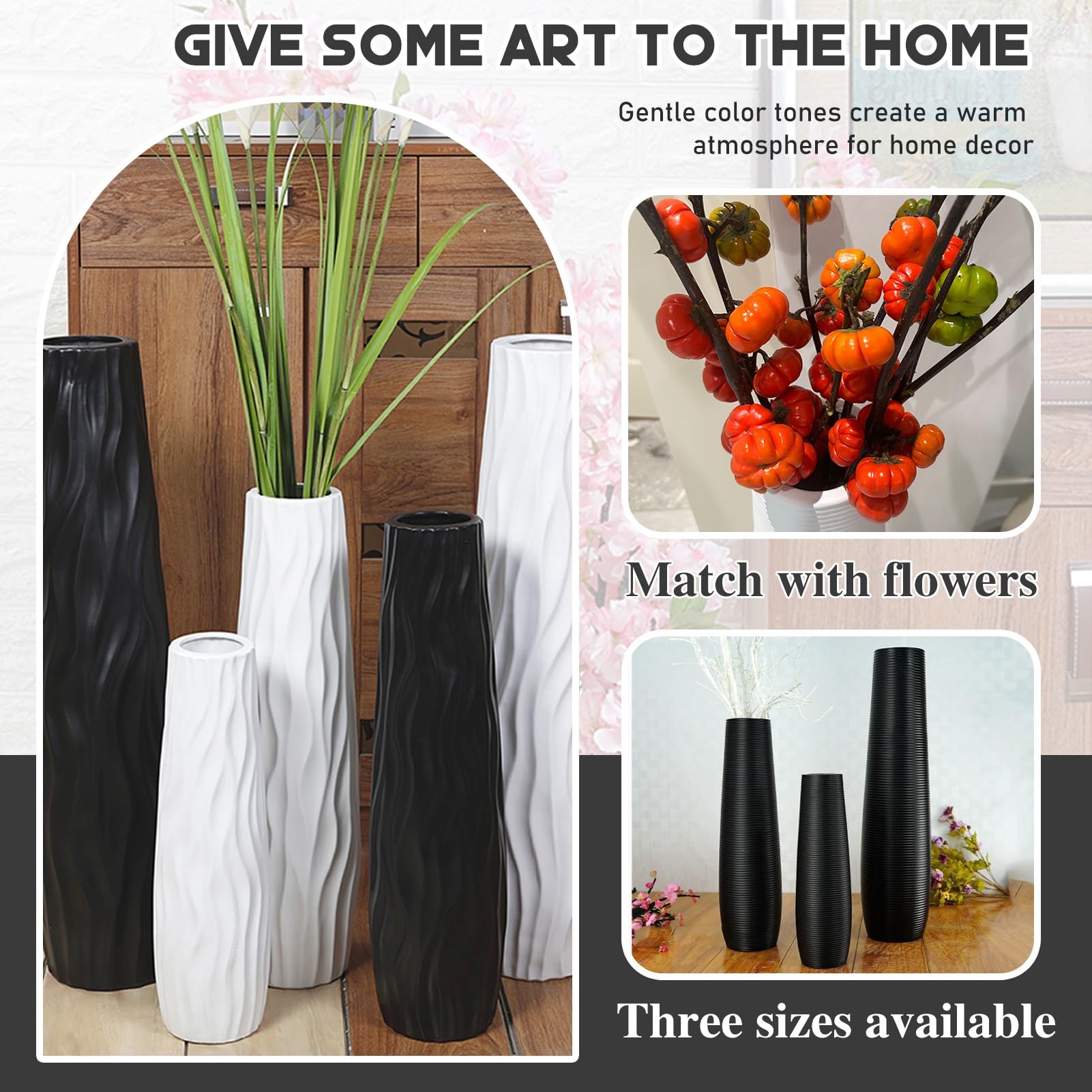 Jarrón nórdico de cerámica de pie de 76 cm, decoración moderna en blanco y negro para sala de estar para flores secas, adornos elegantes, accesorios elegantes para el hogar