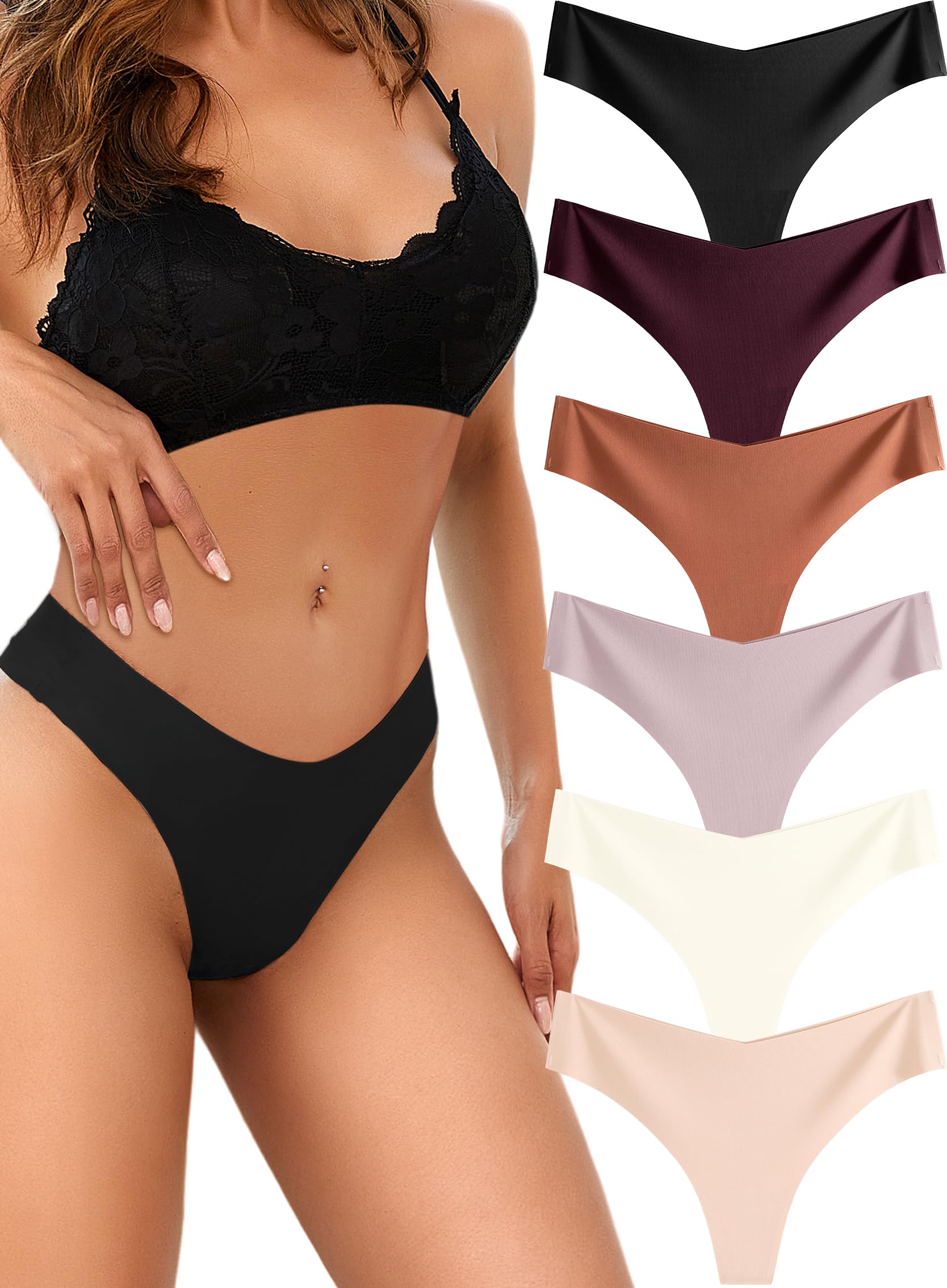 READY TO LOVE Underwear Womens Seamless Underwear Thongs for Women Sexy No Show V-Waisted Ladies Tangas Panties 6 Pack
