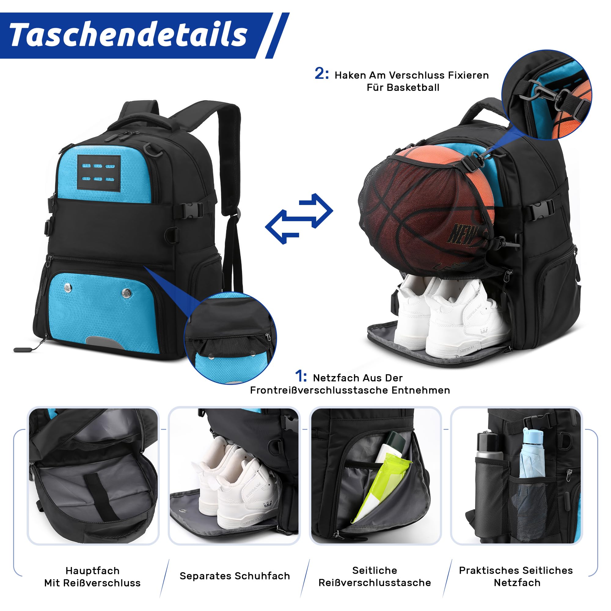 VARLIVOO Basketball Rucksack für Herren Großer Basketball Ball Tasche mit Ballhalter und Schuhfach Wasserdicht Volleyball Fußball Sporttasche Basketballtasche für Reisen Fitnessstudio Blau