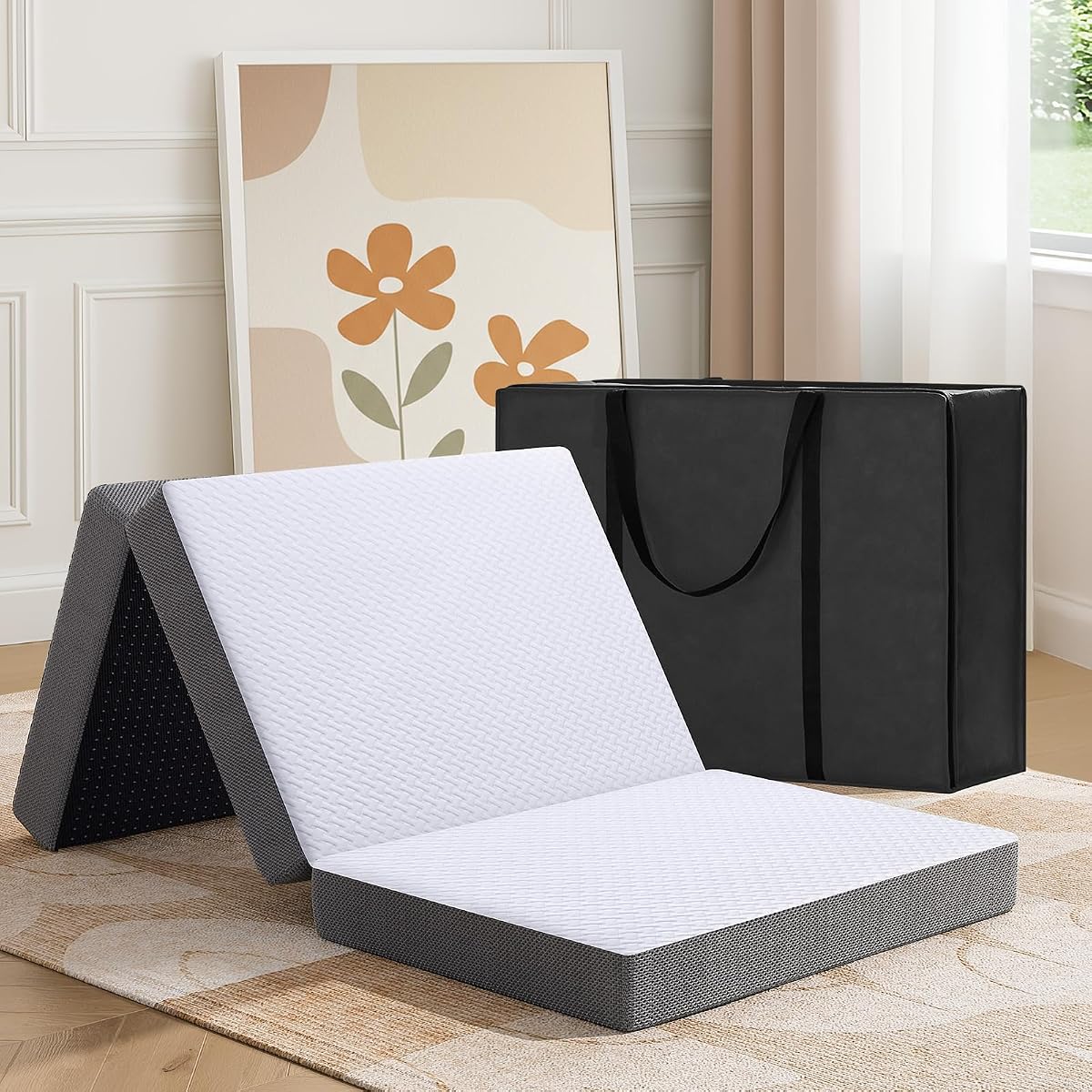 MASVIS Trifold Mattress, 6 Inch Memory Foam Foldable Mattress with Washable Cover, Tri-Folding Floor Bed for Camping, Single