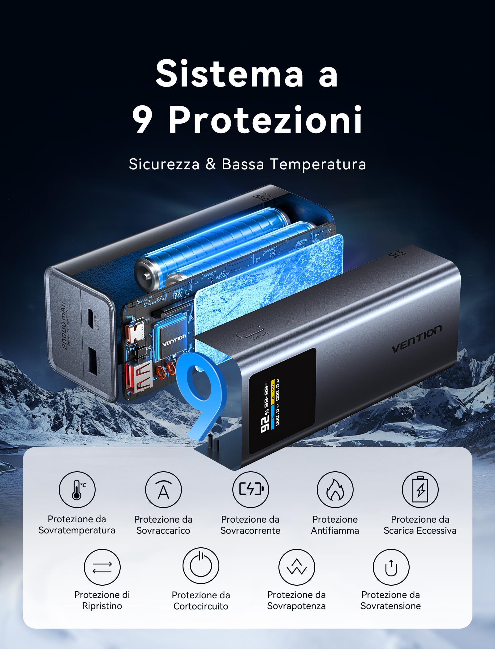 VENTION 20000mAh Power Bank, 100W Caricatore Portatile USB-C PD3.0 con Display Digitale, Cavo USB-C Integrato, Compatibile con MacBook Pro/Dell/HP, iPhone 17/16/15/14/13, iPad Pro, Galaxy S25