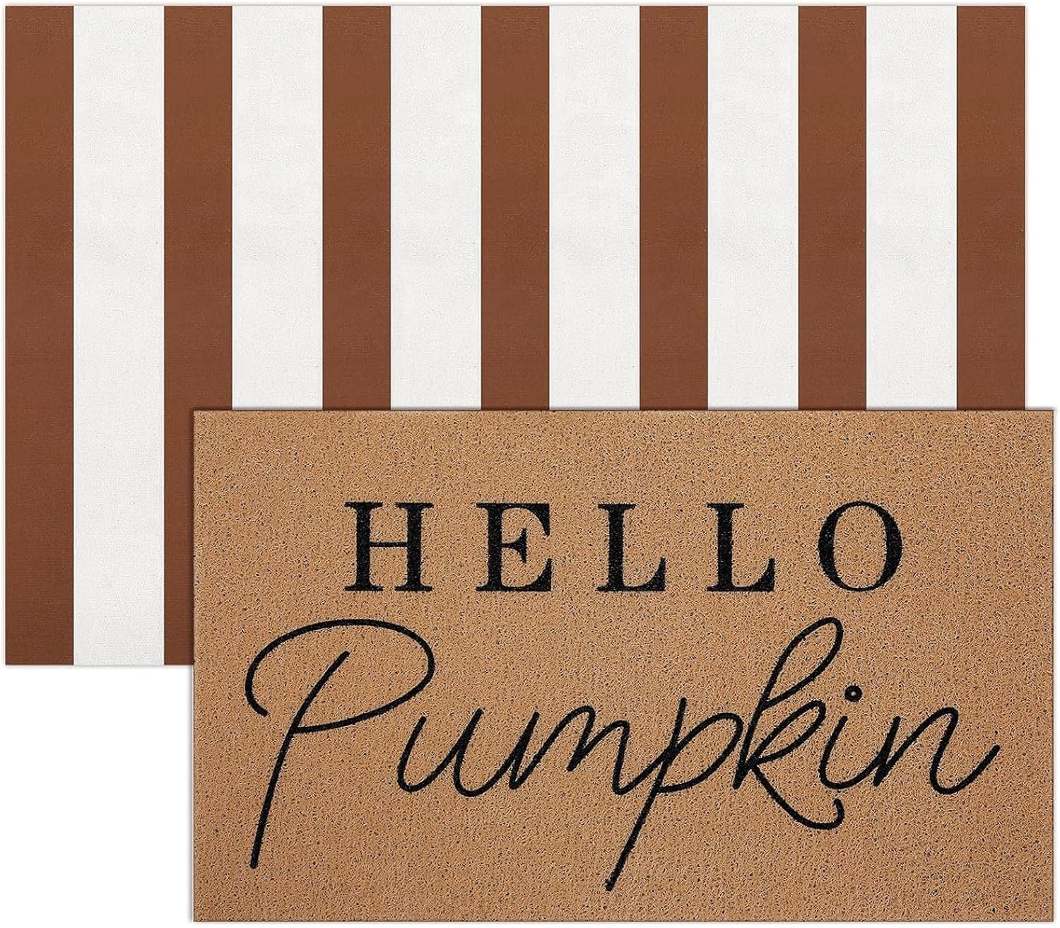 2 Pcs Fall Door Mat Hello Pumpkin Welcome Non Slip Coir Mats Thanksgiving Brown White Stripe Harvest Floor Layering Doormats Seasonal for Front Porch Entryway Decor(Brown White)