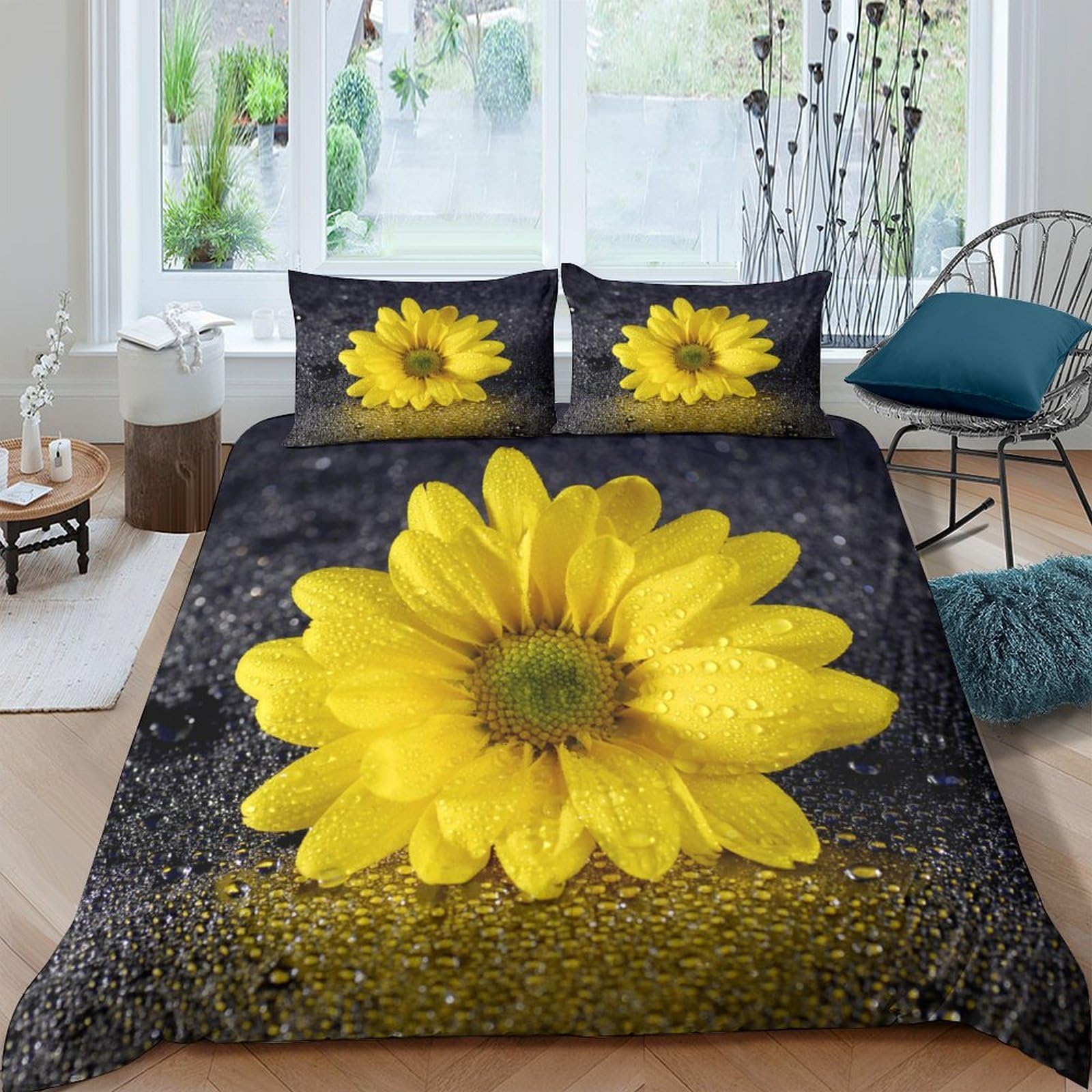 Ctjqhvkz Style-1 3D Printed Yellow Daisy Fitted Sheet Microfiber Soft Breathable Waterdrop Texture Bed Cover For Bedroom Guest Mattress Decor Single（135X200cm）