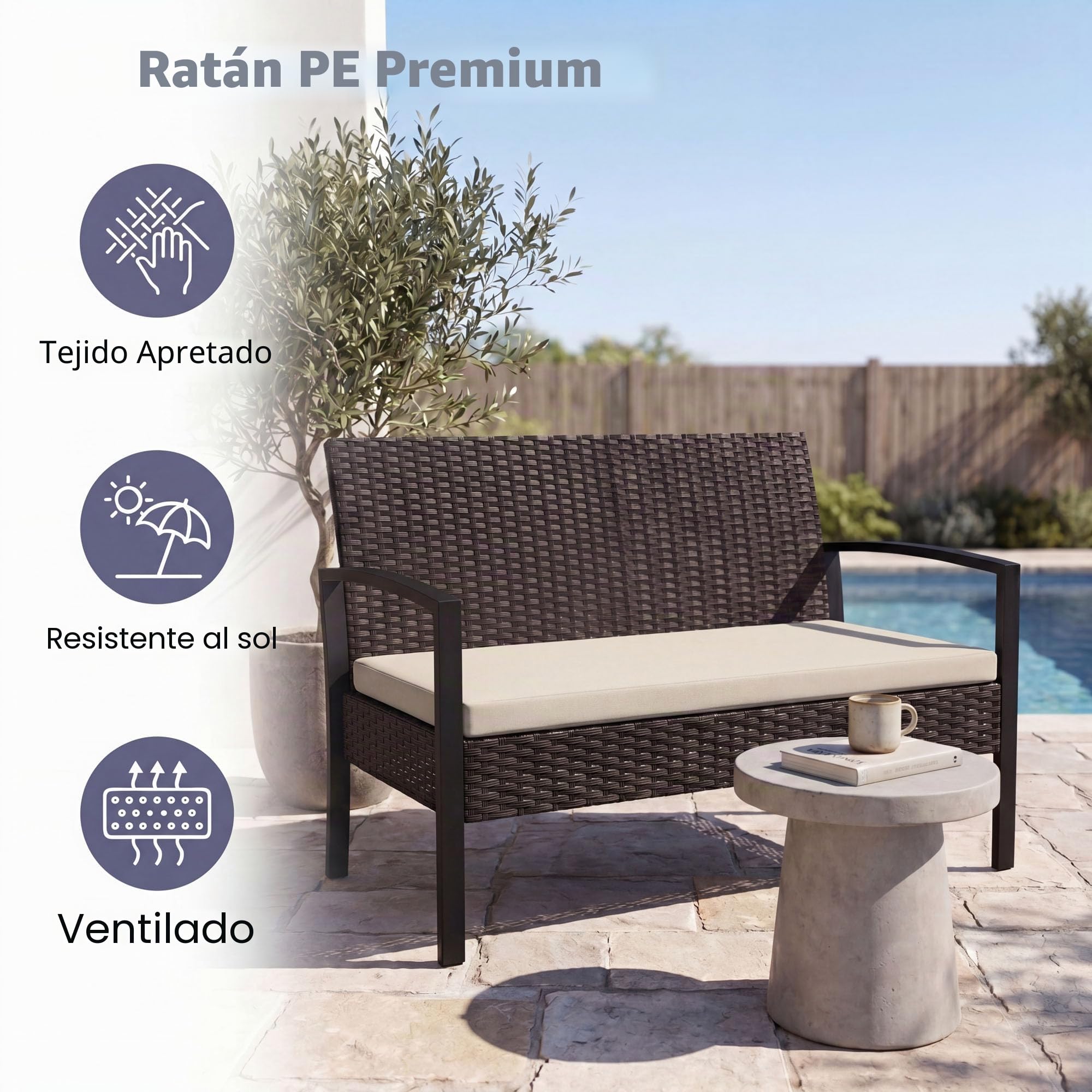 SOARS Conjunto Jardín Exterior de Ratán PE y Metal, Muebles de Jardín de 4 Piezas con Respaldo Inclinado y Cojines de Asiento, Muebles de Exterior con Mesa de Centro para Patio, Jardín (Beige)