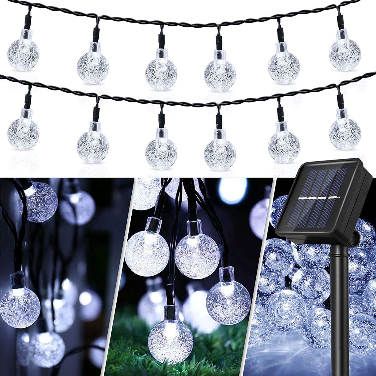 Łańcuch świetlny solarny, kryształowe kulki IP65, wodoodporne, 60 diod LED 11 m, oświetlenie zewnętrzne do aktualizacji paneli słonecznych, 8 trybów oświetlenia wewnątrz, na zewnątrz, do domu, ogrodu,