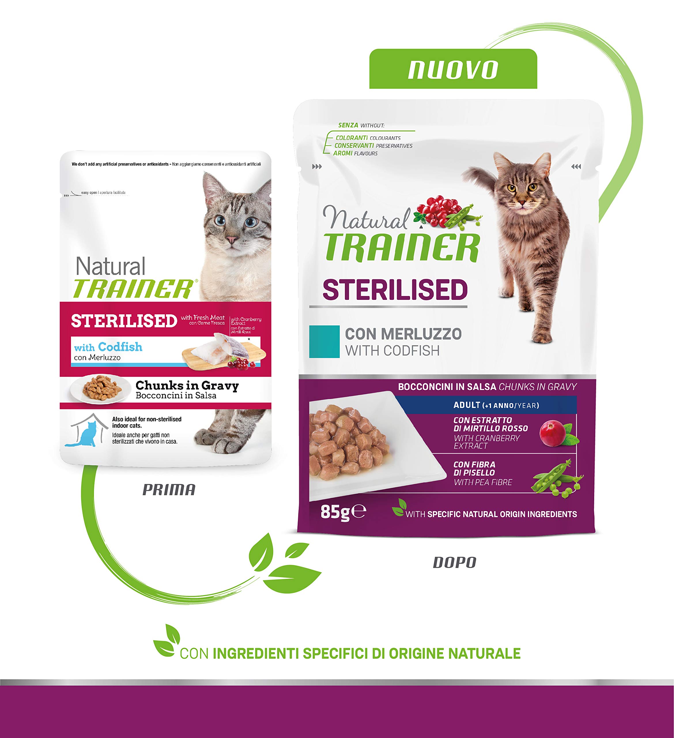 Natural Trainer Sterlisied Adult Cibo Umido per Gatti con Merluzzo e Fibra di Pisello 12 buste x 85 g - 1020 gr