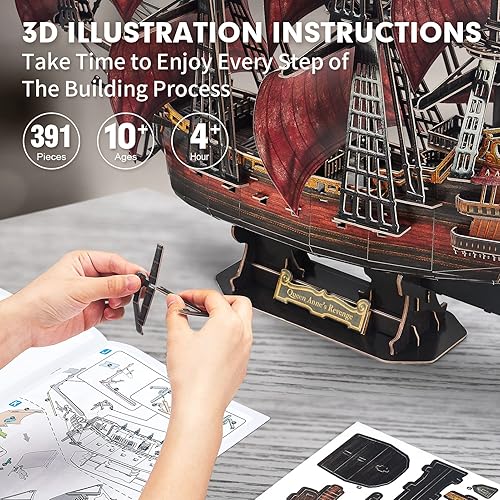 Miniatura 6 de CubicFun 3D Puzzles for Adults Kids, Red Queen Anne's Revenge 391 Pcs, Home Decor Cool Pirate Ship Arts & Crafts for Adults Puzzle Model Kits,