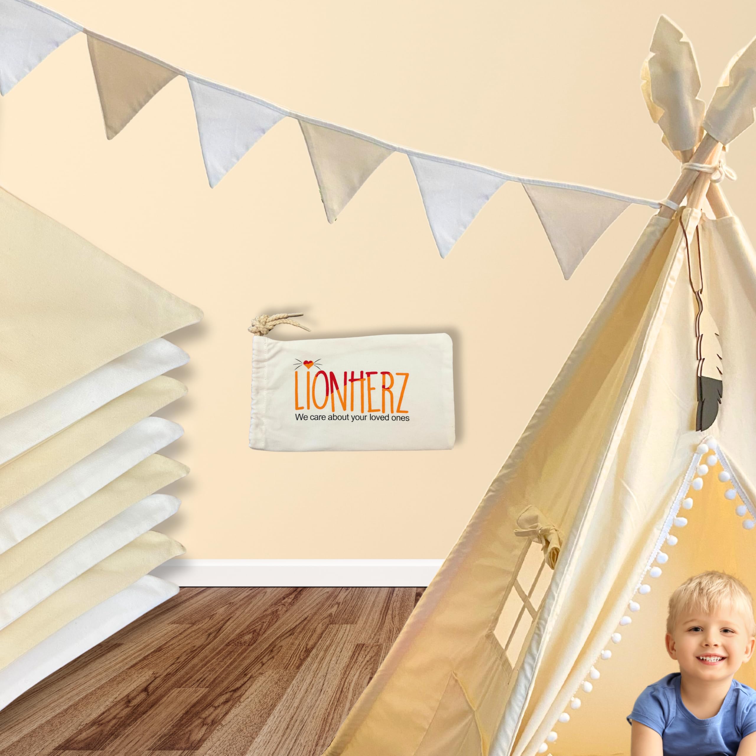 LIONHERZ Guirlande De Fanions 250cm 100% Coton Crème/Blanc Double Couche - 8 Fanions Pour Chambre Enfant, Anniversaire