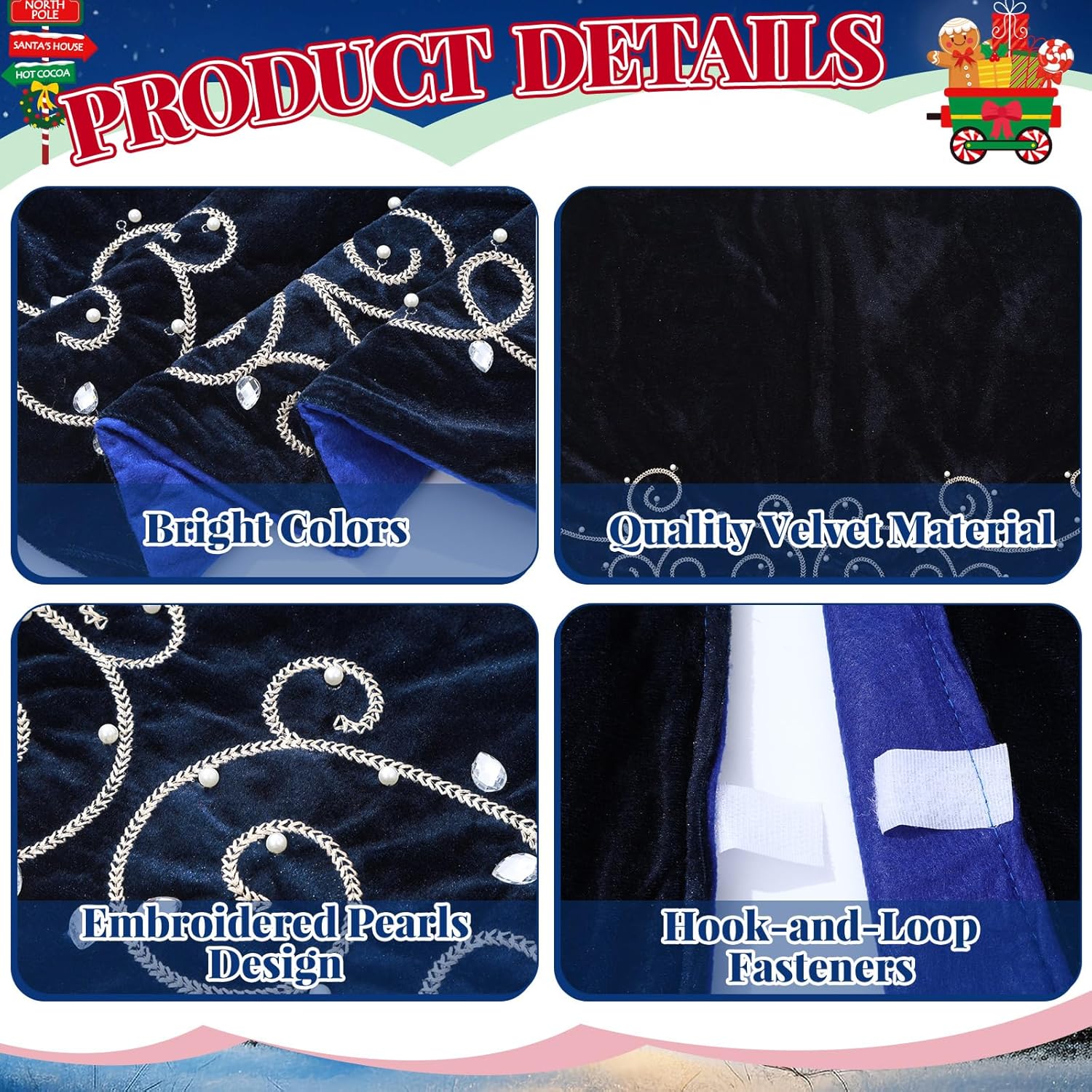 72inch Extra Large Christmas Tree Skirt Navy Blue Luxury Velvet Plush Fur Skirts Baroque Tree Skirts with Gold Embroidered Pearls and Crystals Trees Skirt for Christmas Holiday Party Home Decoration