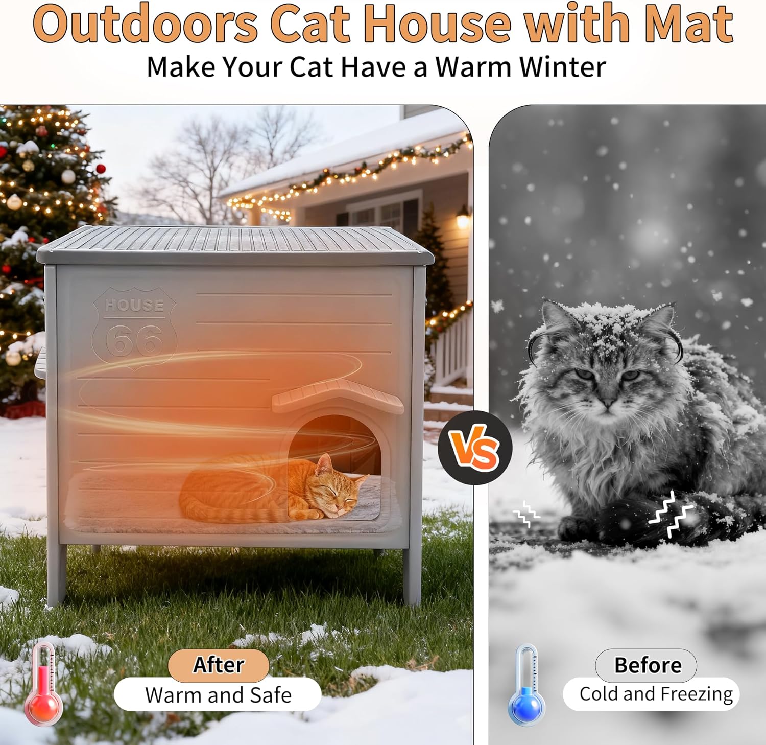 Plastic Cat House Outdoor - Feral Cat Houses with Escape Door, Waterproof Outdoor Cat House for Feral Cats, Outside Cat Shelter for with Soft Mat, Assemble Easily