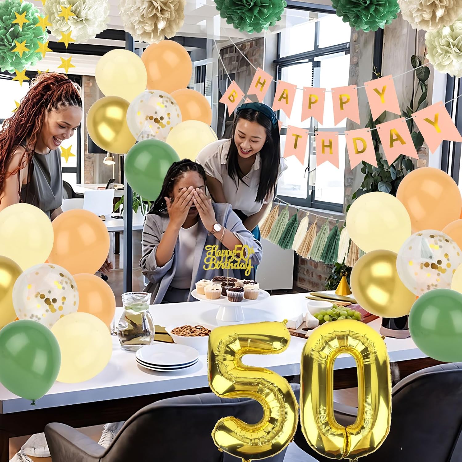 Jaciya 50th Birthday Party Decorations Sage Green & Gold Balloons Happy Birthday Banner Cake Topper Streamers Confetti Balls
