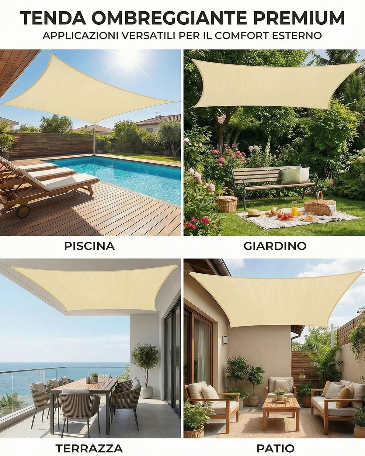 Vela d’Ombra Rettangolare 3x4m con Accessori di Montaggio, HDPE Impermeabile e Antivento, Protezione UV, Antistrappo, Traspirante, Per Balcone, Giardino e Terrazza, Beige