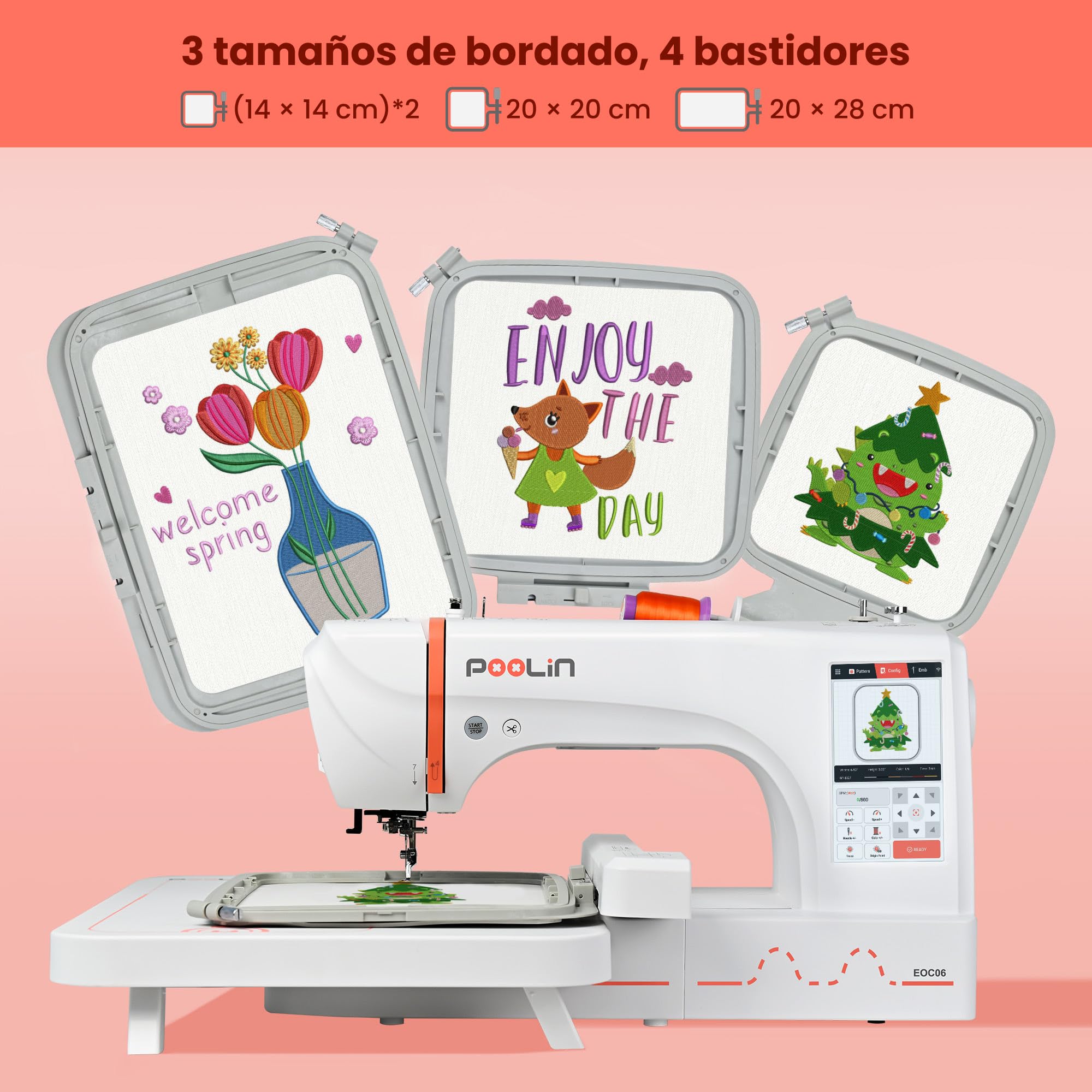 PooLin EOC06 - Máquina de bordar, pantalla táctil, bordador digital, letras y patrones, máquina embroidery, para personalizar camisetas, polos, chaquetas, camisas, bolsos, toallas y más