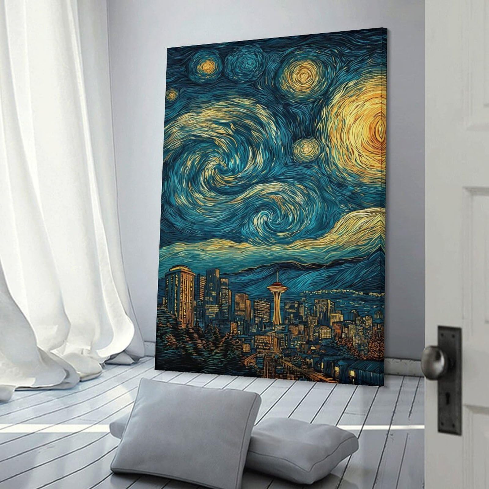 Junmoney Frame-Style-22 Seattle Skyline Starry Night Art Canvas Wall Decor, 08X12inch(20X30cm), For Wall Displays, Bedrooms Or Room Updates, Wall Decor Suited To Curated Displays