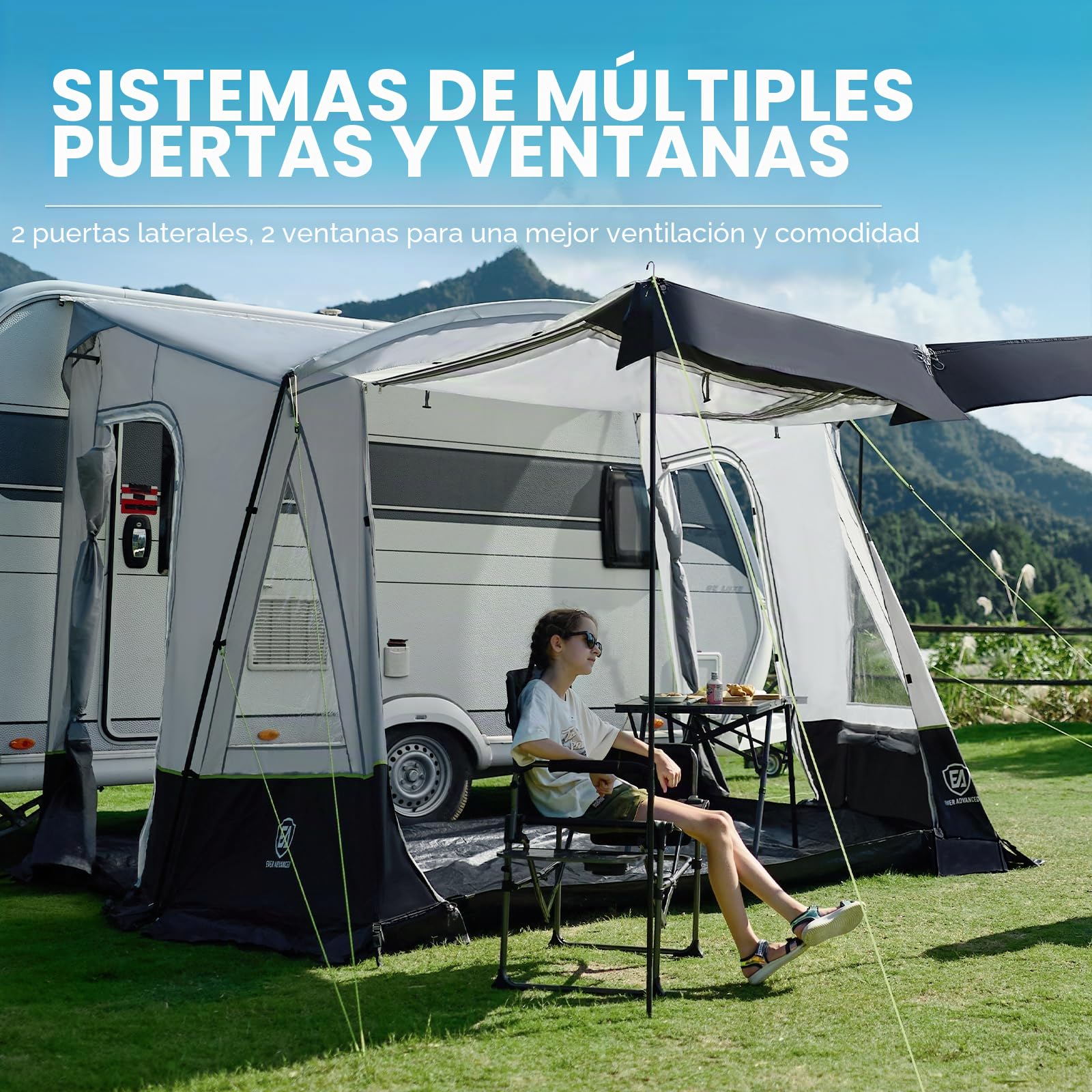 EVER ADVANCED Toldo para caravana 350 x 260 x 245 cm para autocaravana con 2 ventanas, puerta lateral, puerta más grande como techo, toldo de viaje PU 3000 mm resistente al agua, adecuado para viajes