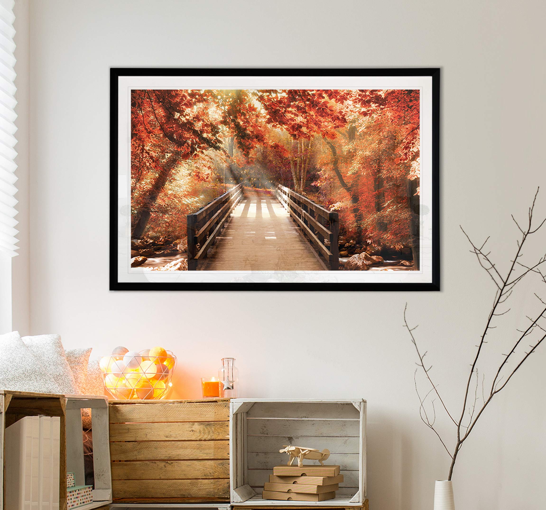 Amazon.co.jp: Renditions Gallery 秋の橋 写真 壁装飾 森の風景 赤い