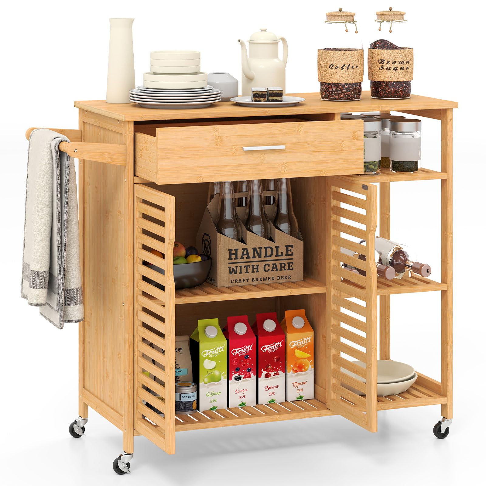 COSTWAY Küchenwagen aus Holz und Bambus, Küchenschrank mit Rollen, Rollwagen mit Schublade, offenen Regalen, Handtuchhalter, 2 Lattentüren, für Esszimmer, Wohnzimmer, 104 x 40 x 89 cm, Natur