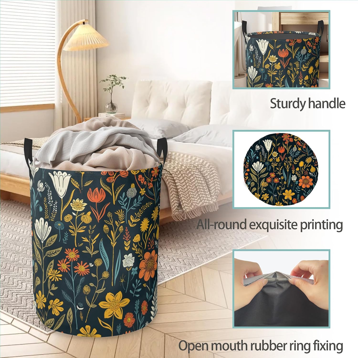 Wildflowers Laundry Basket With Handles Tote Bag Oxford Cloth Funny Laundry Hamper Clothes Storage Bucket Toy Organizer 16" X 20.8"For Bathroom/Laundry/Bedroom image 4
