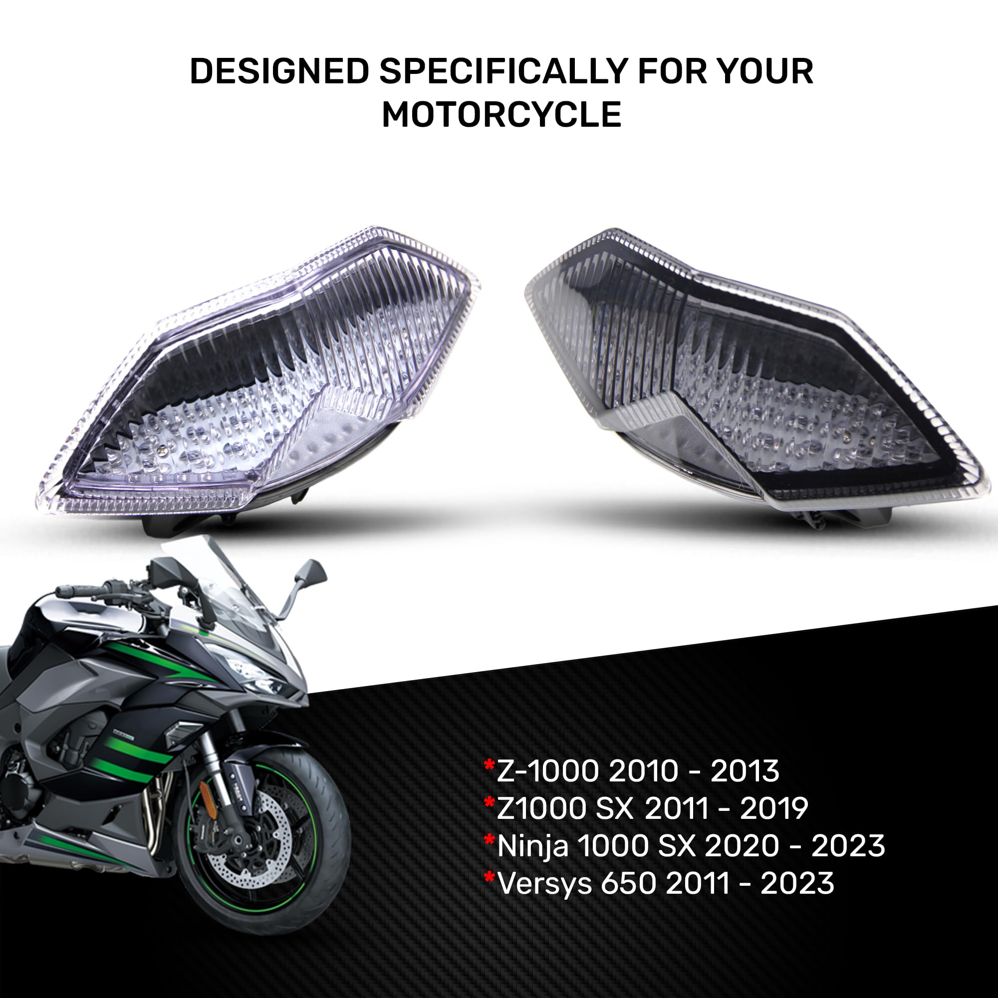 aVDB-moto Fanale posteriore indicatori di direzione integrato Compatibile con Kawasaki Z1000 2010-2012, Z1000SX e Versys 650 2011-2016 (Fumè Chiaro)