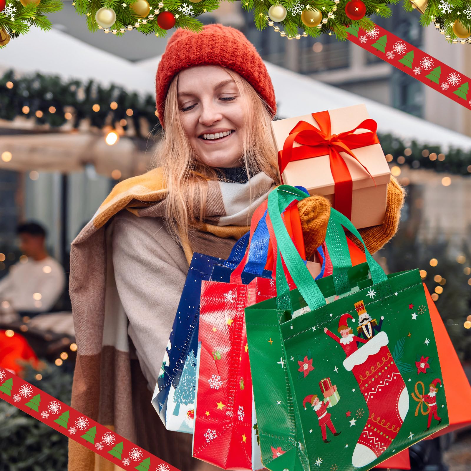 Abbylike 60 Stück Vlies-Geschenktüten für Weihnachten, kleine Tragetaschen mit Griffen, multifunktional, wiederverwendbar, Weihnachtsgeschenktüten für Leckereien, Geschenke, Einkaufen, Weihnachten,