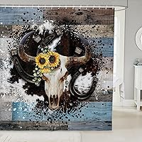 Vista 20 de Cortina de ducha de calavera de toro, cortina de baño rústica retro con estampado de piel de vaca occidental, diseño de herradura, girasoles