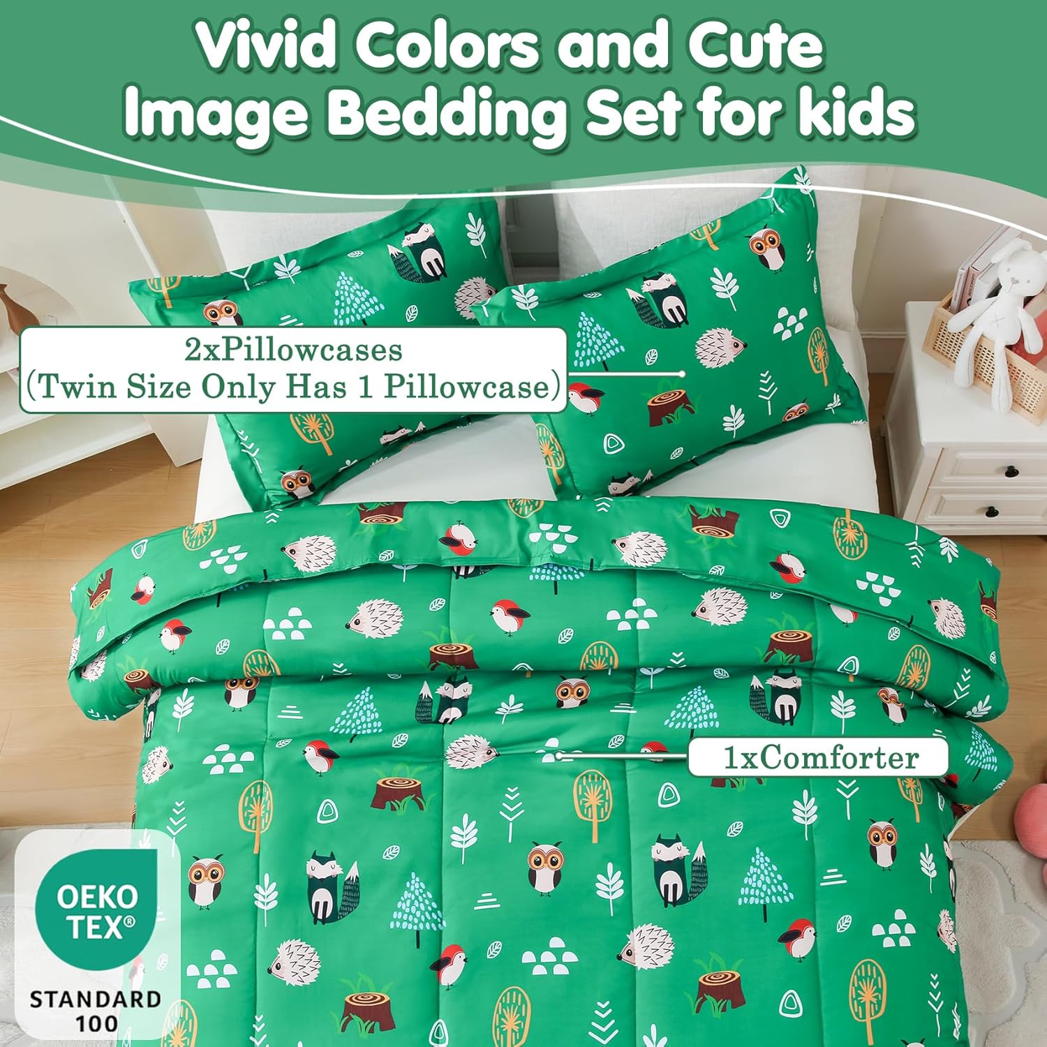 Kids Comforter Sets Boys Twin Bedding Set Animal Forest Bed Set with Pillowcase in A Bag Children Bedroom Decor Soft Lightweight for All Season Durable Machine Washable