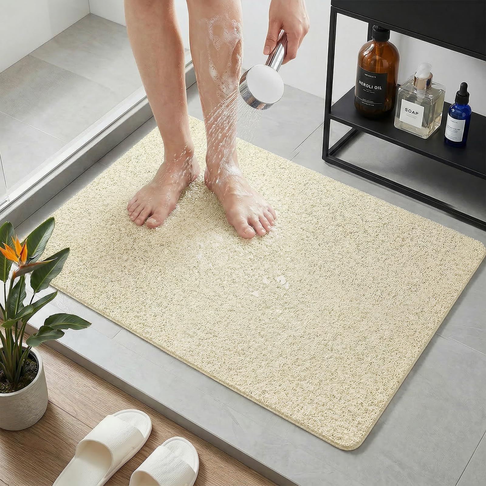 BLESWIN 40 x 100 CM Soft PVC Loofah Shower Mat Extra Long Beige