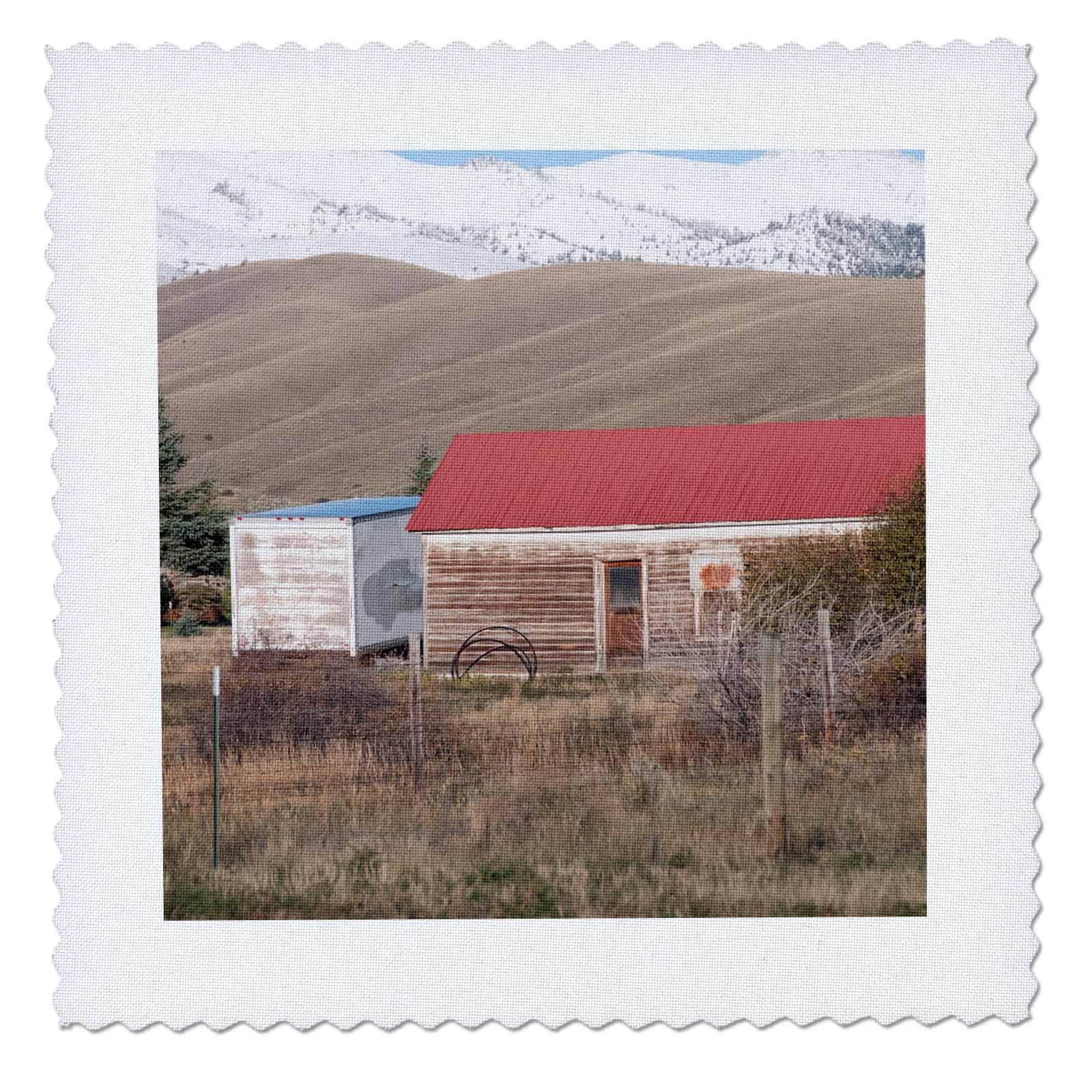 18x18 inch Quilt Square - A red roofed barn in Montana with Snow on Mountain Behind Red Roofed Barn
