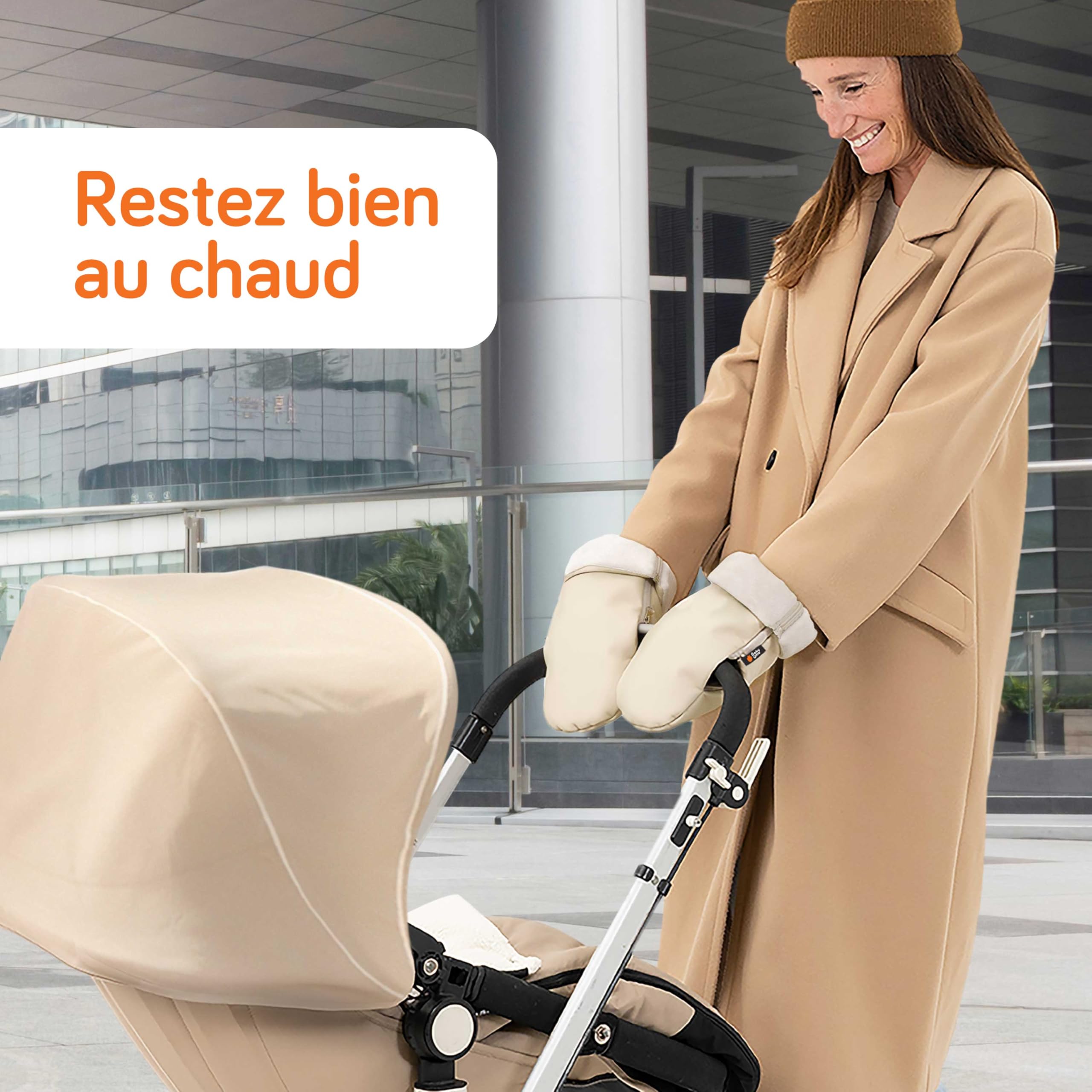 Baby Uma Gant Poussette Bébé - Moufles Poussette Doublées Polaire Ultra-Douces, Simili-Cuir Imperméable Coupe-Vent, Accessoire Poussette Universel avec Fermetures Zippées (Beige)
