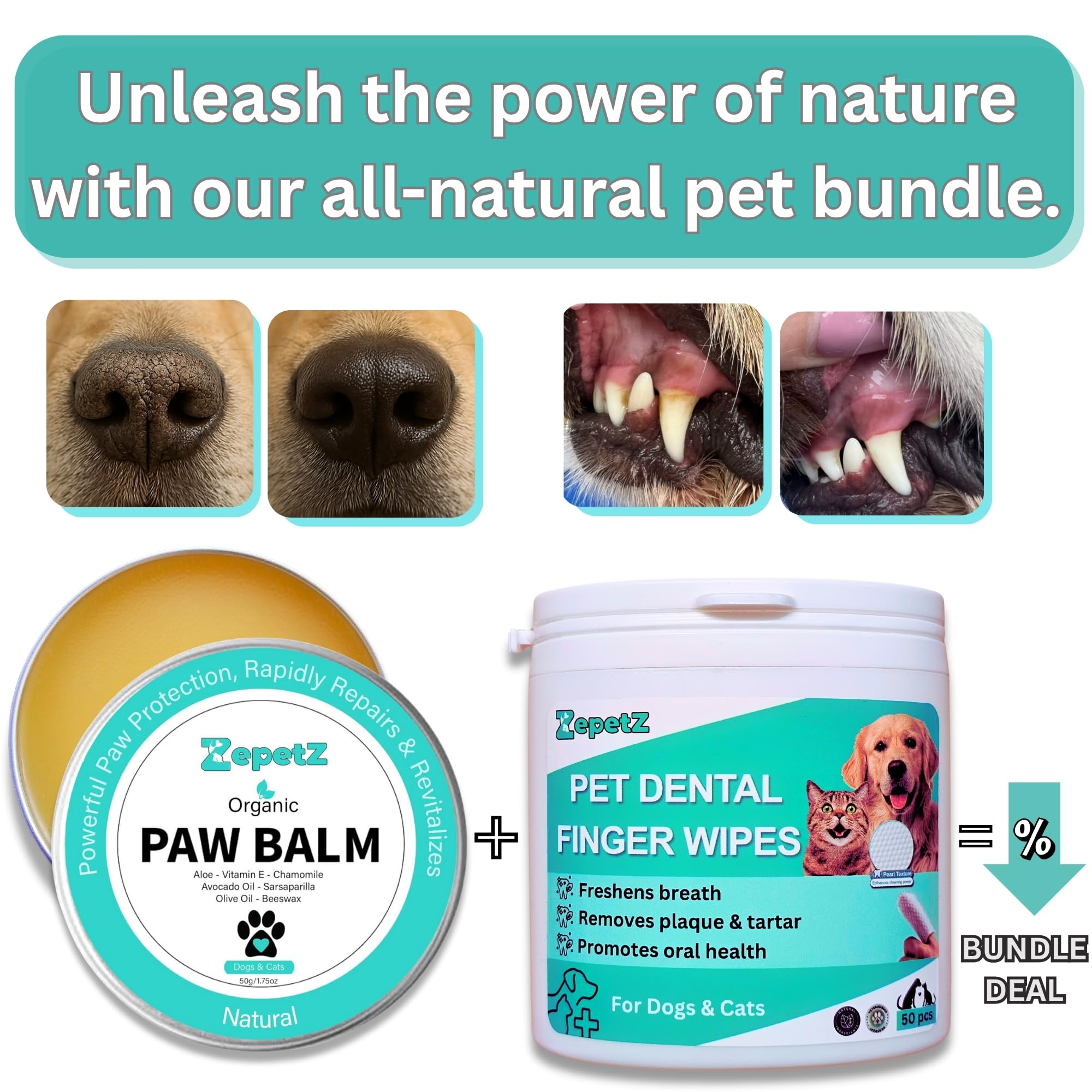 ZepetZ Pet Care Bundle for Dogs & Cats – 2-in-1 Paw & Nose Balm (1.75oz) + Dental Finger Wipes (50pcs) | Heals, Moisturizes & Soothes | Freshens Breath, Reduces Plaque & Tartar | Organic & Natural