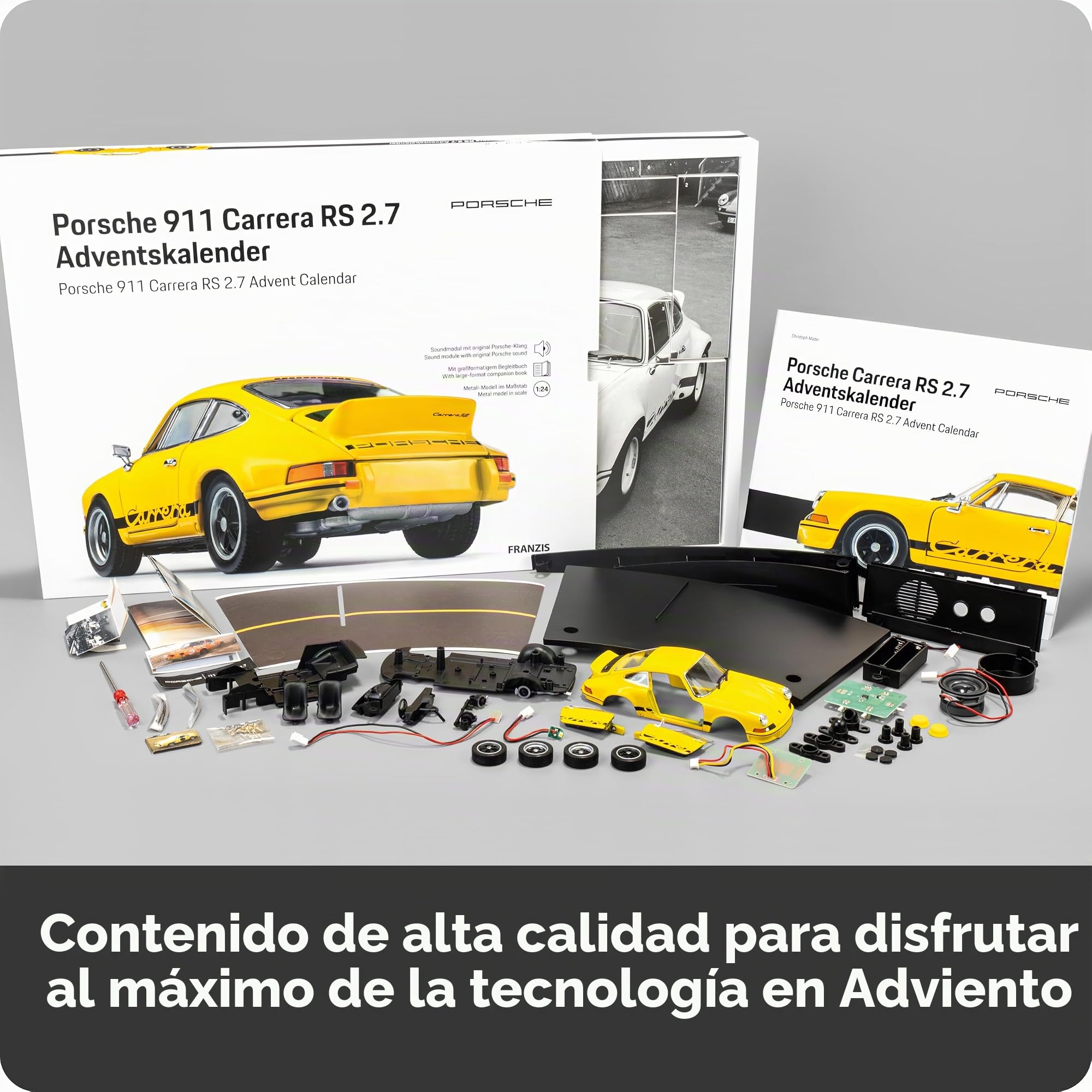 FRANZIS Calendario de Adviento Porsche 911 Carrera RS 2.7 67273 a escala 1:24, incluye base de sonido y libro de 52 páginas