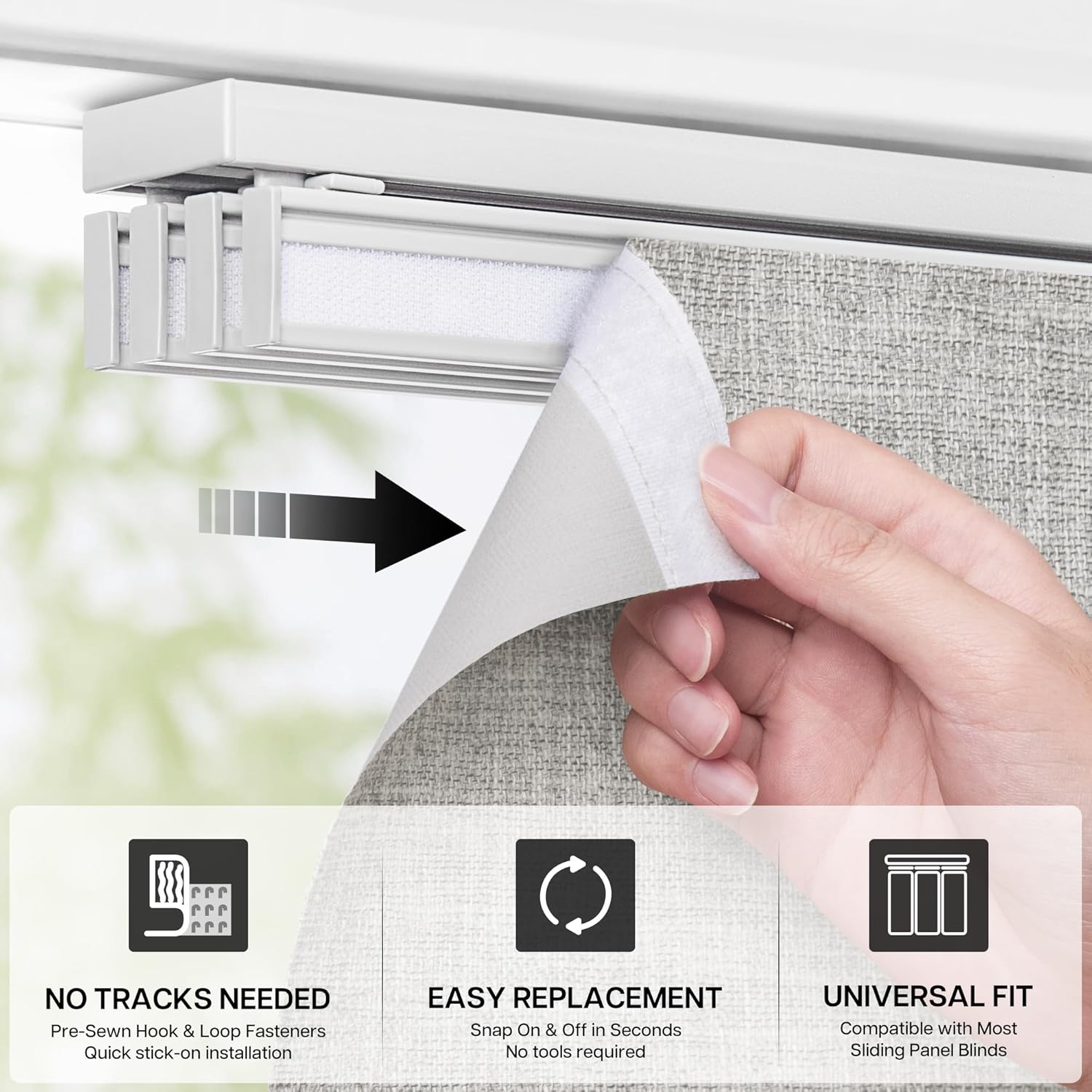 4-panel replacement fabric for sliding panel track blinds – 23" w x 96" l – fabric only – pre-attached hook & loop fasteners – trimmable, no bottom rail included, room darkening - natural