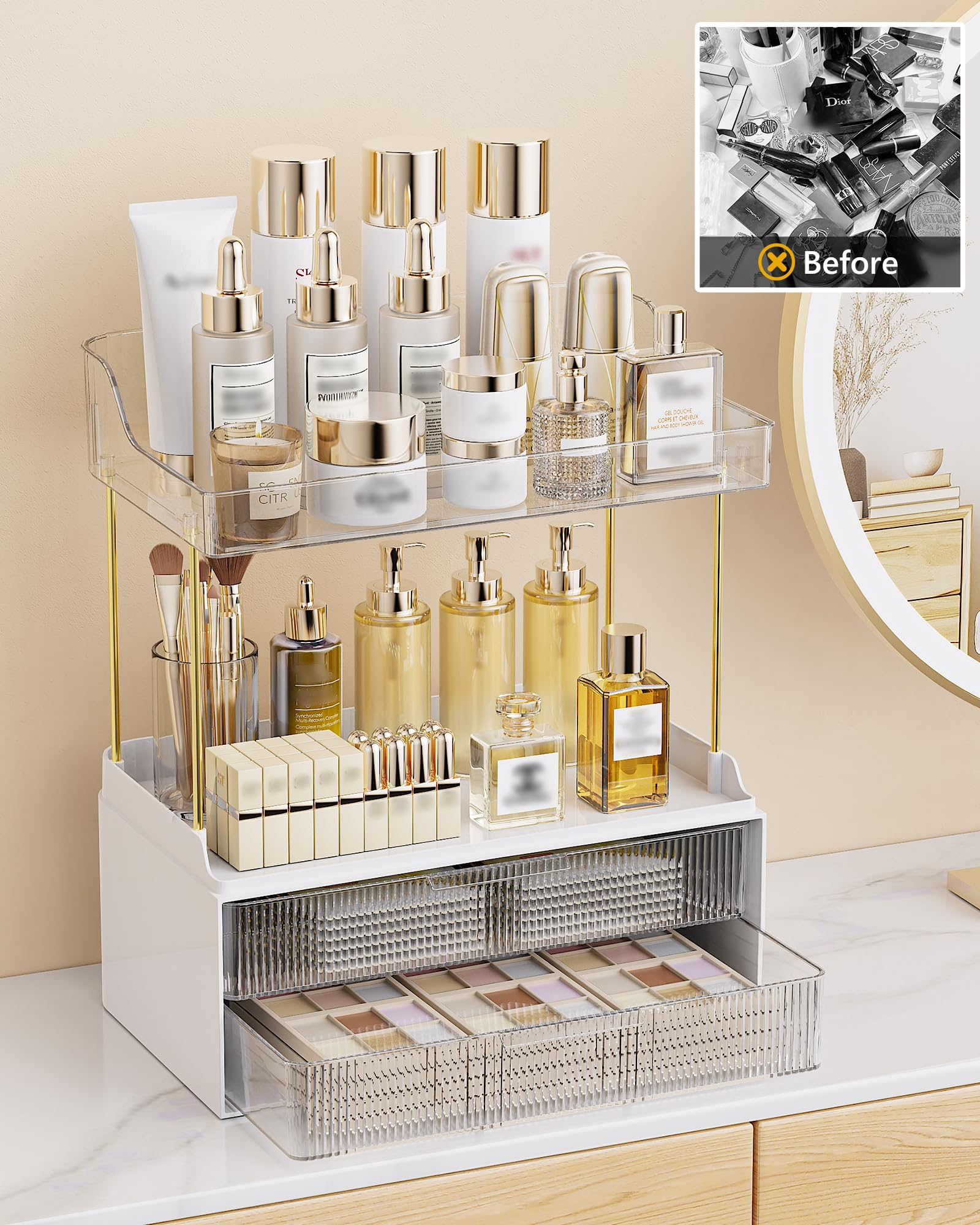 Anylady Bathroom Organizers and Storage, Makeup Organizer (2-Tier 2-Drawer), Ideal for Vanity, Countertop, Counter, Perfume, Skincare, Cabinet, Cosmetic, Dresser Organizer (White)