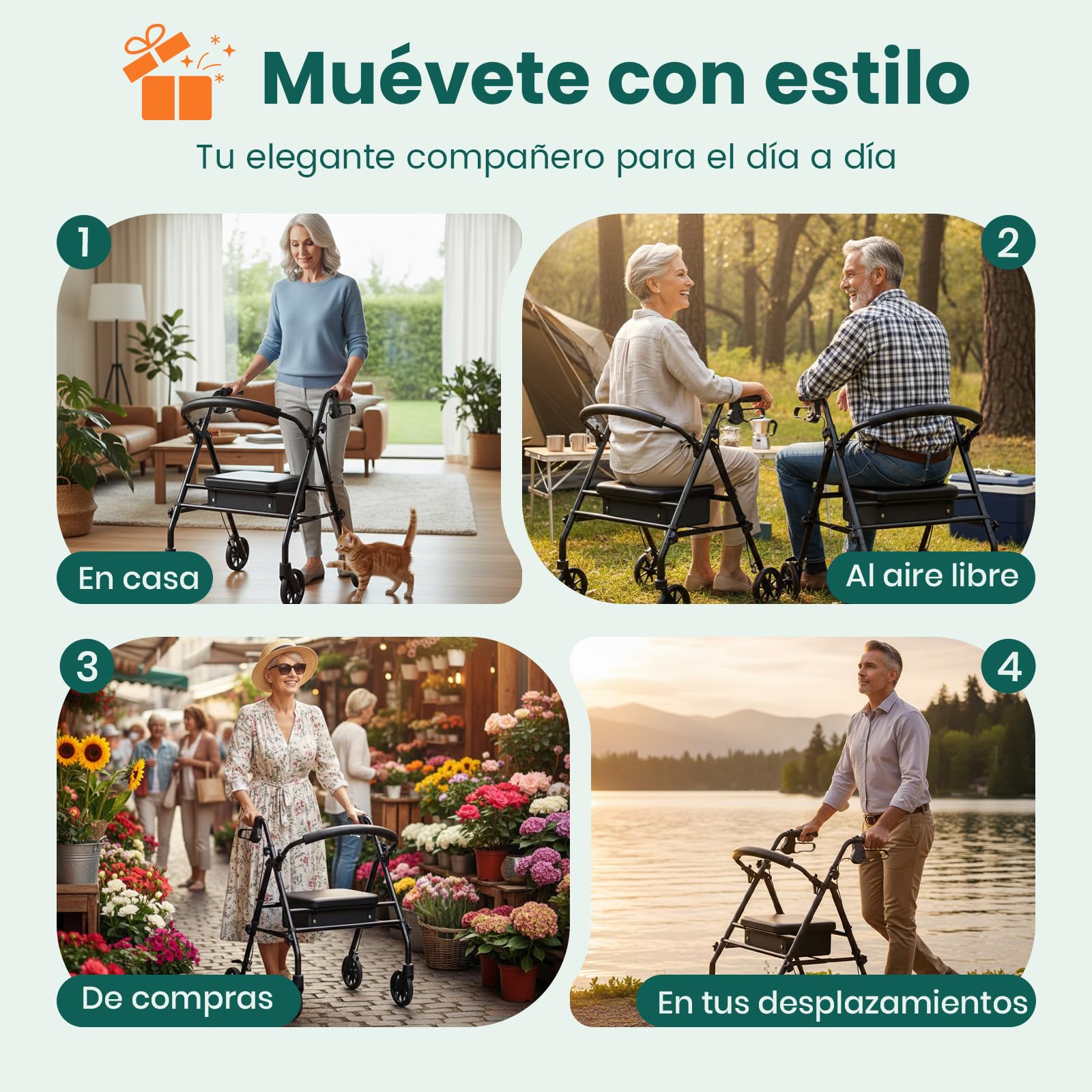 Andador Rollator con Asiento y Almacenamiento – Ayuda de Marcha Ligera y Plegable de 4 Ruedas para Adultos Mayores y Discapacitados, Uso Interior y Exterior, Negro