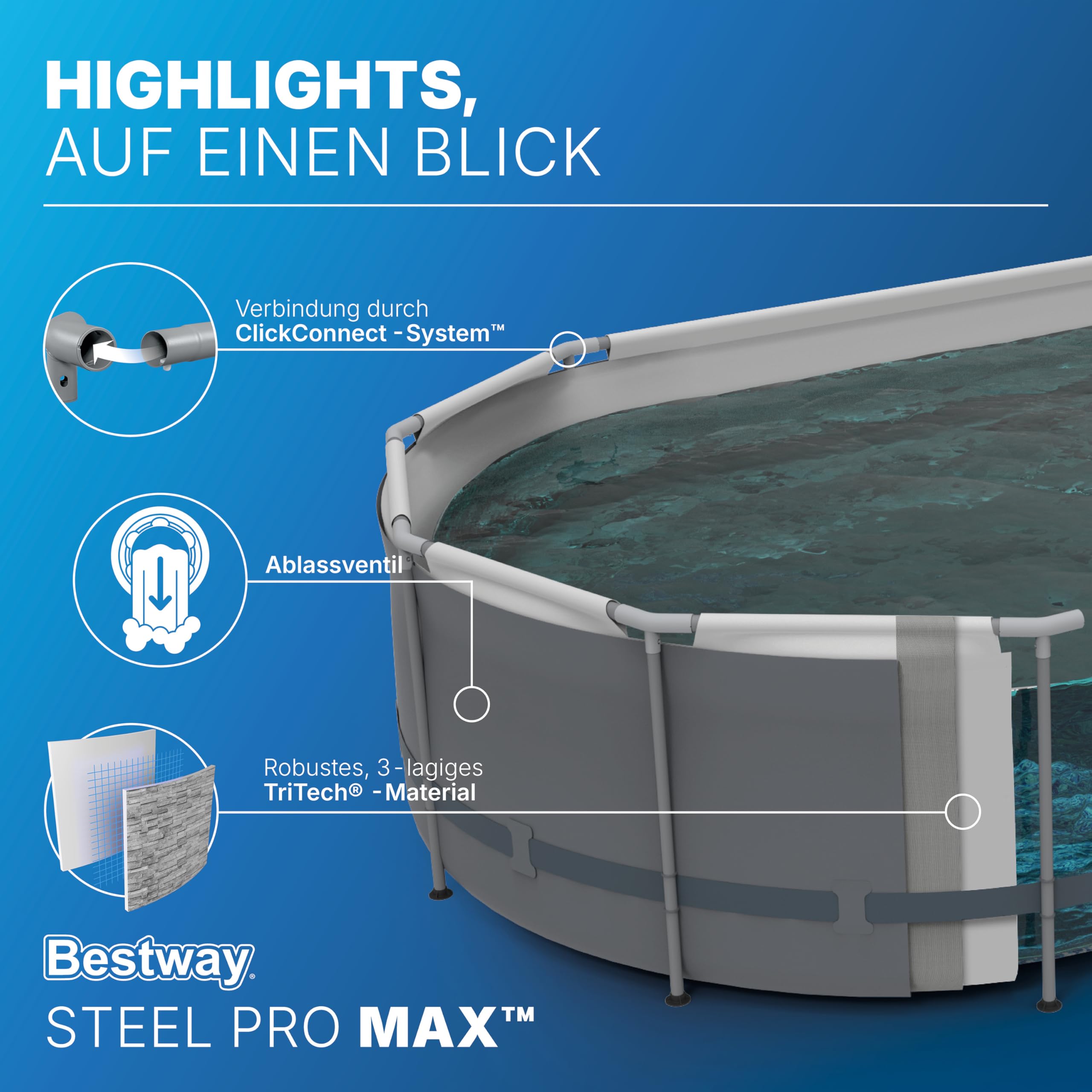 Bestway Power Steel Swim Vista Series Frame Pool Komplett-Set mit Filterpumpe 427 x 250 x 100 cm, Steinwand-Optik (Cremegrau), oval
