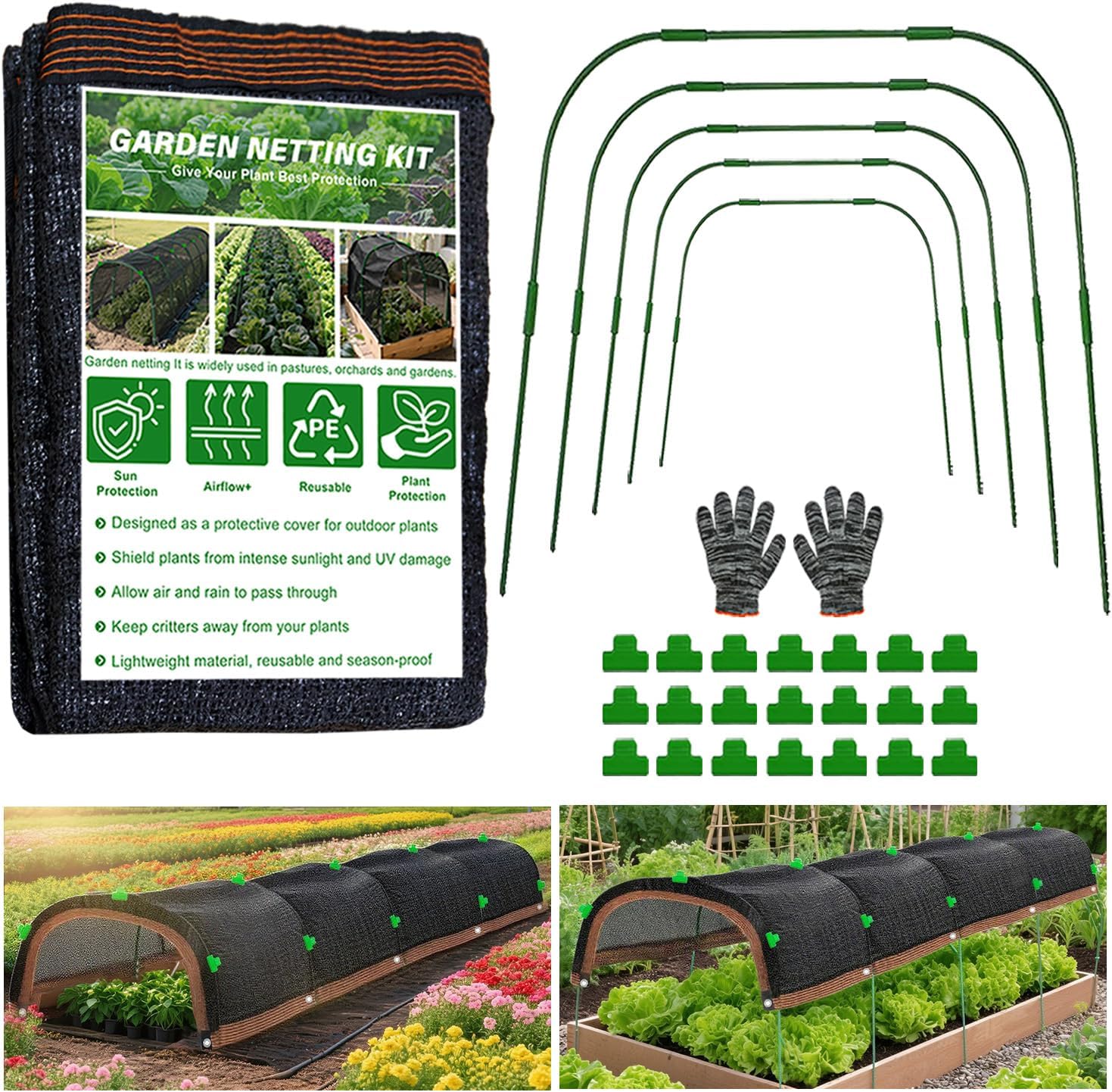 Garden Shade Cloth Kit 78.7"x59" Garden Sun Shade Cloth with Hoops for Heat Protection 75% Black Plant Shade Cloth Garden Greenhouse Grow Tunnel Shade Cloth Row Cover for Outdoor Plants Vegetables