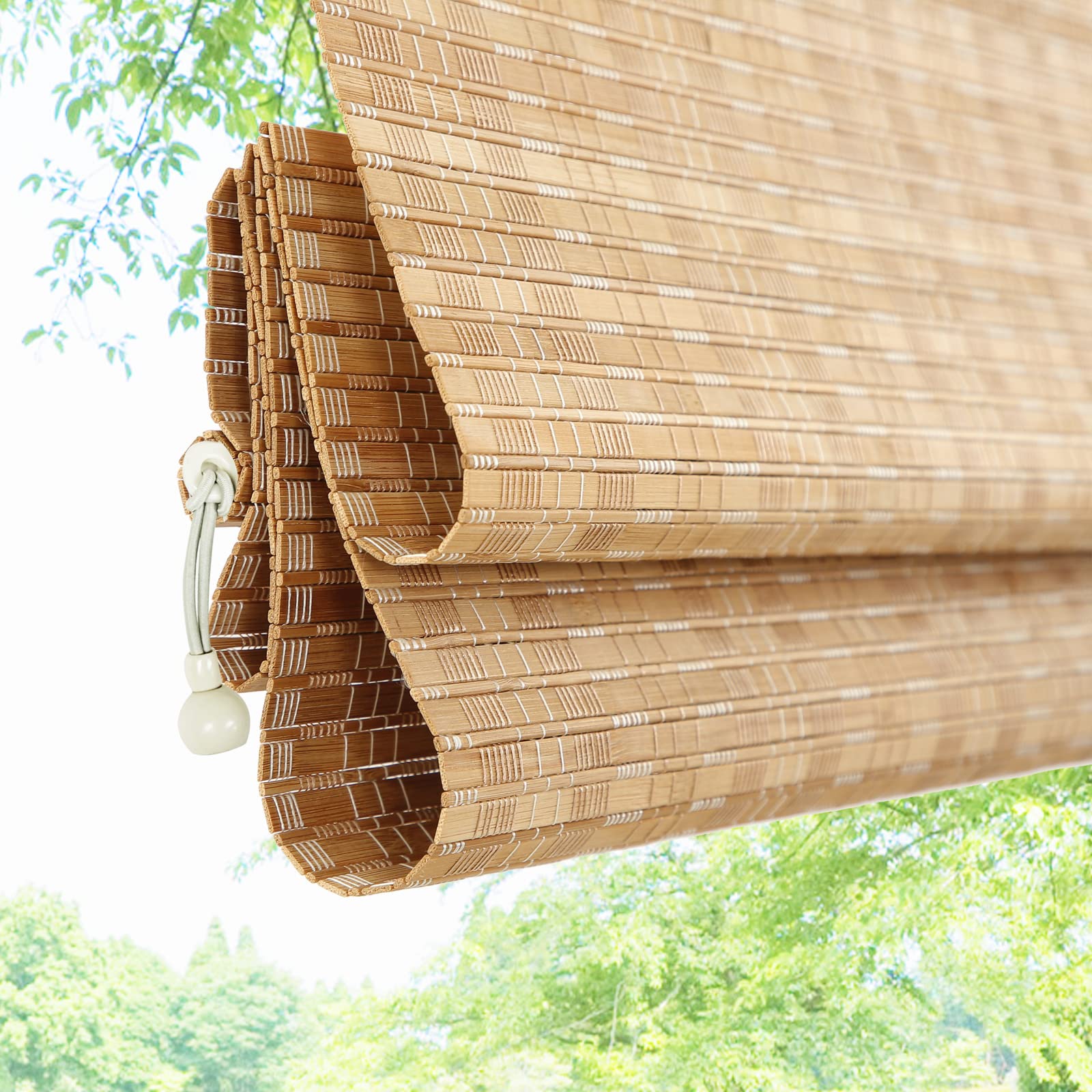 SUAKY Bamboo Shades Blackout Cordless Window Blinds, Custom Bamboo Shade Outdoor Waterproof Window Shades, Windproof Window Blinds for Porch, Gazebo, Patio, Back Yard, Deck, Pergolas, Color 7003