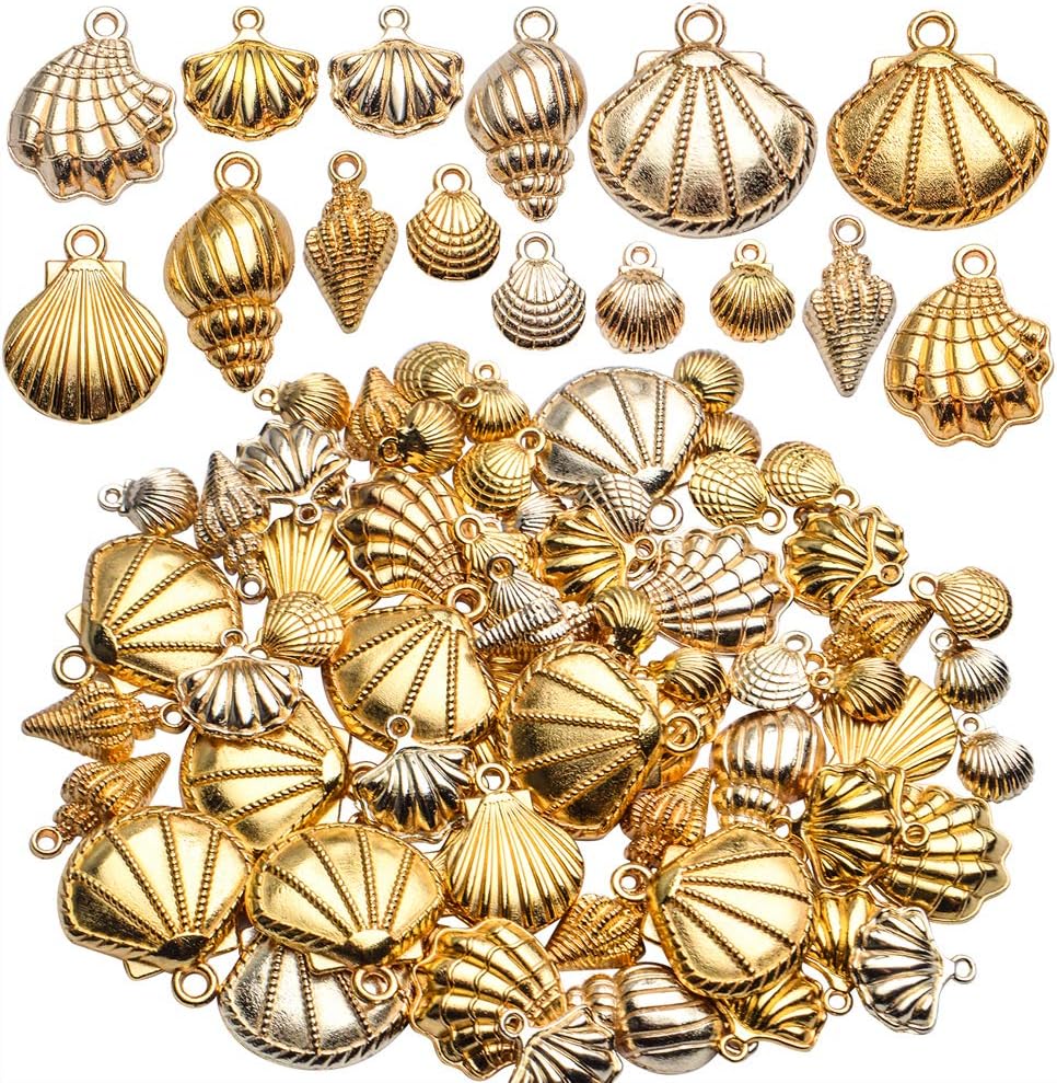 Aylifu Seashell Charms, 100 Gram Gold Shell Ocean Theme Pendants - Conch, Scallops, Mussel, Marine Life, Sea Animals Dangle Charms for Jewelry Making, Necklace, Bracelet Crafting