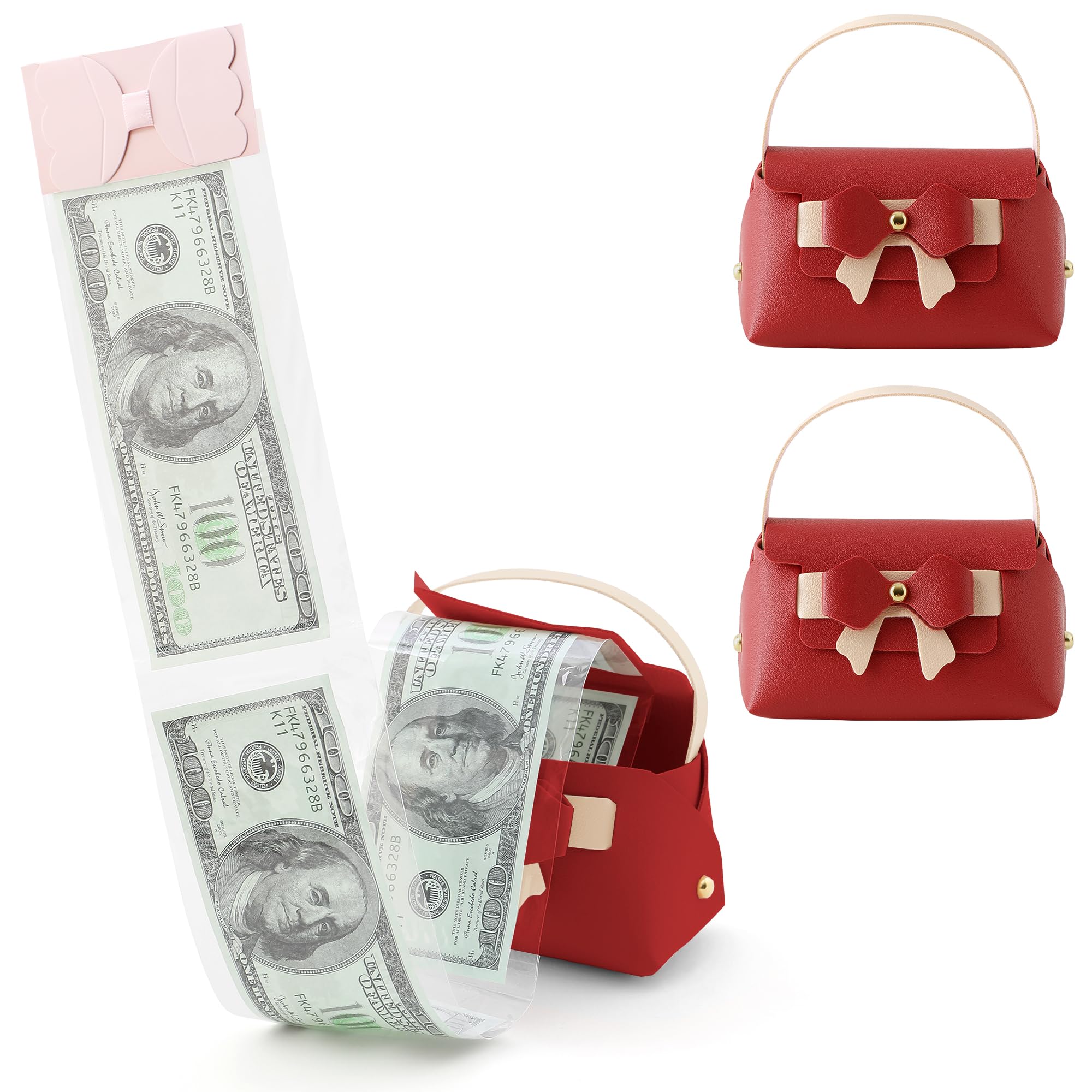 Litvana Ribbon Money Surprise Box - 2 Pack Leather Pull-Out Cash Box for Birthday, Anniversary, Christmas Gifts WineRed