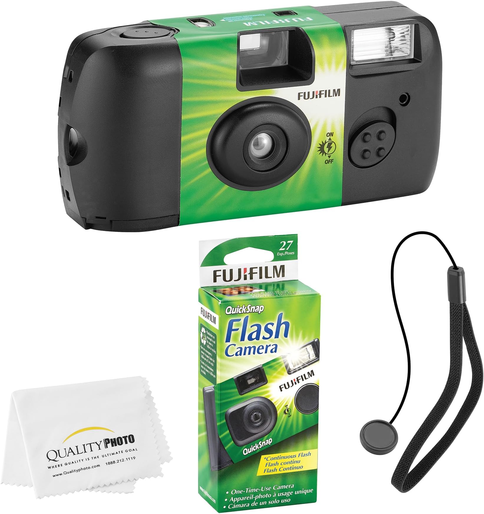 Fujifilm QuickSnap Flash 400 Disposable 35mm Camera + Hand Strap + Quality Photo Microfiber Cloth (3 Pack)