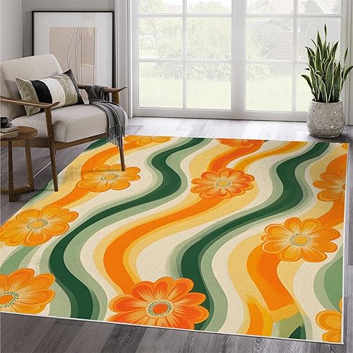 Miniatura 4 de Alfombra vintage con remolinos, alfombras florales para sala de estar, lavable, antideslizante, retro de los años 70, 8 x 10 pies, alfombra de suelo