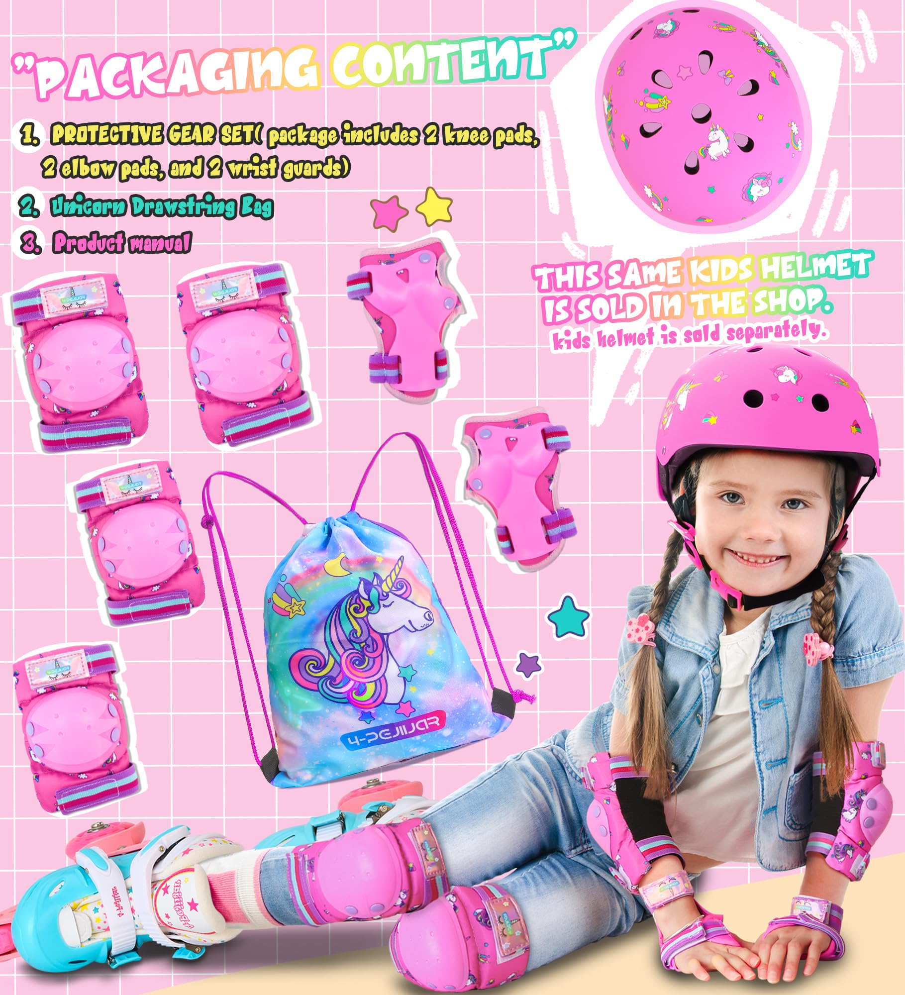 Unicornio Rodilleras Protección Patines Infantiles con Bolsa de Cordón para Patinaje Skateboard Bicicletas