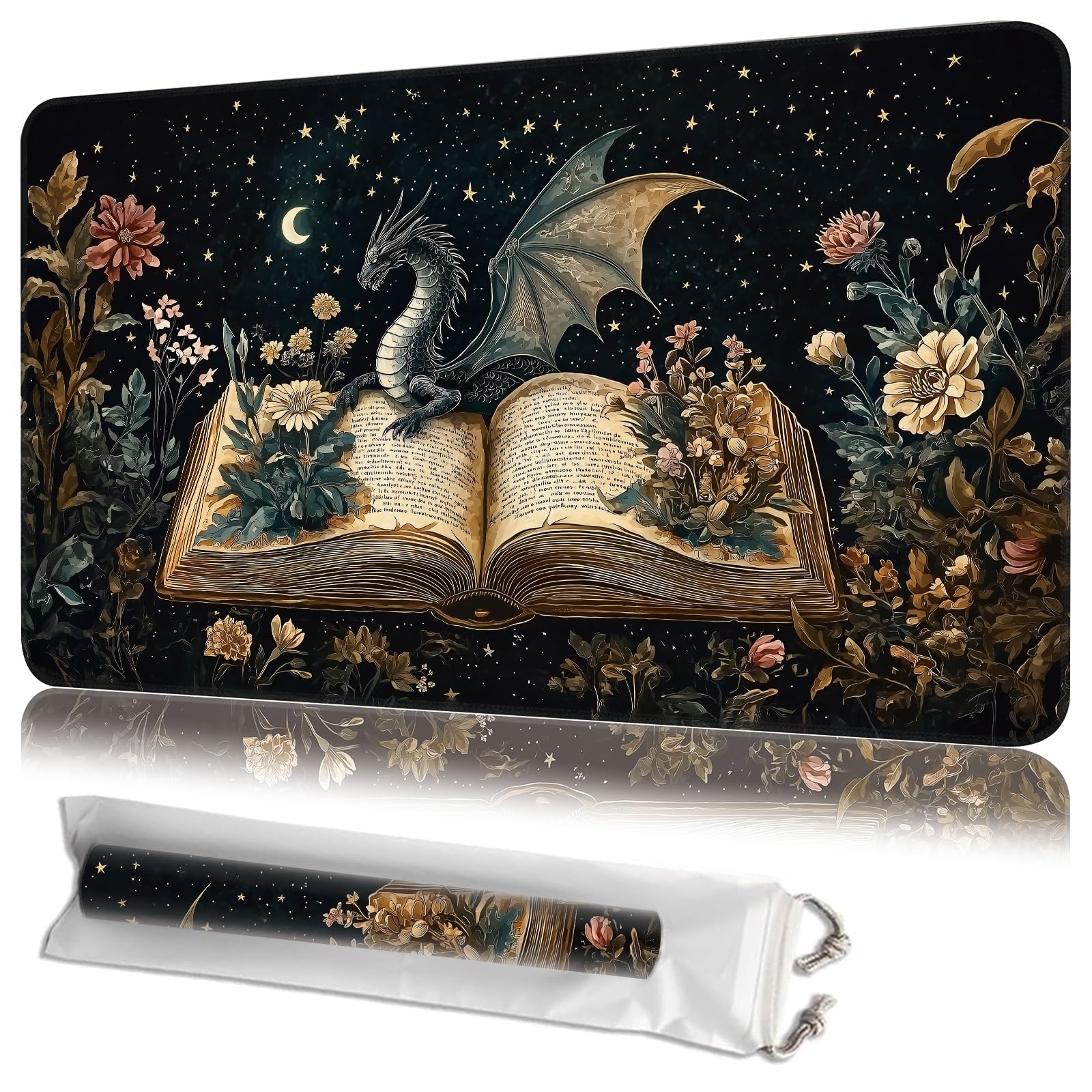JANENFNA Playmat for MTG, 24 x 14 Inch, Dragon Flowers Spell Books — image 1