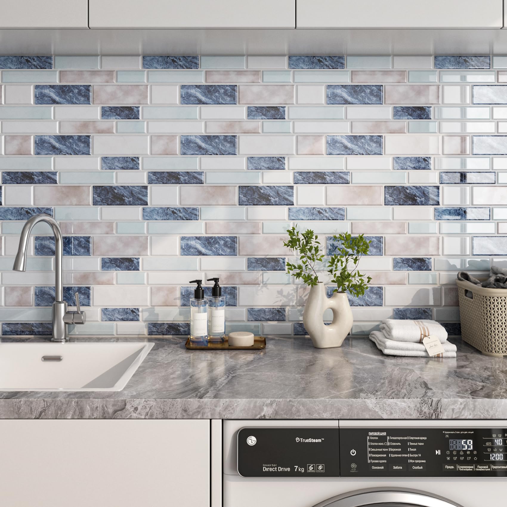 FunStick 30×30CM 15 Losetas Vinilo Para Paredes de Cocina Efecto Marmol Vinilo Adhesivo Impermeable pare Azulejos de Cocina Azul Baldosas Adhesivas Pared Baño 3D Pegatinas Vinilos Baño Azulejos Azul
