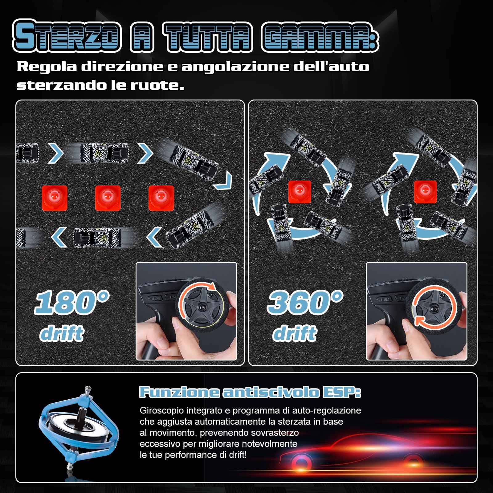 JONRRYIN RC Auto Drift Pro 1:43, Macchina Telecomandata Drift, Mini Drift Car, Micro Macchina Telecomandata con Luce LED, 15km/h, Auto Giocattolo per Bambini di 14 Anni (Nero Pro-Gyro)