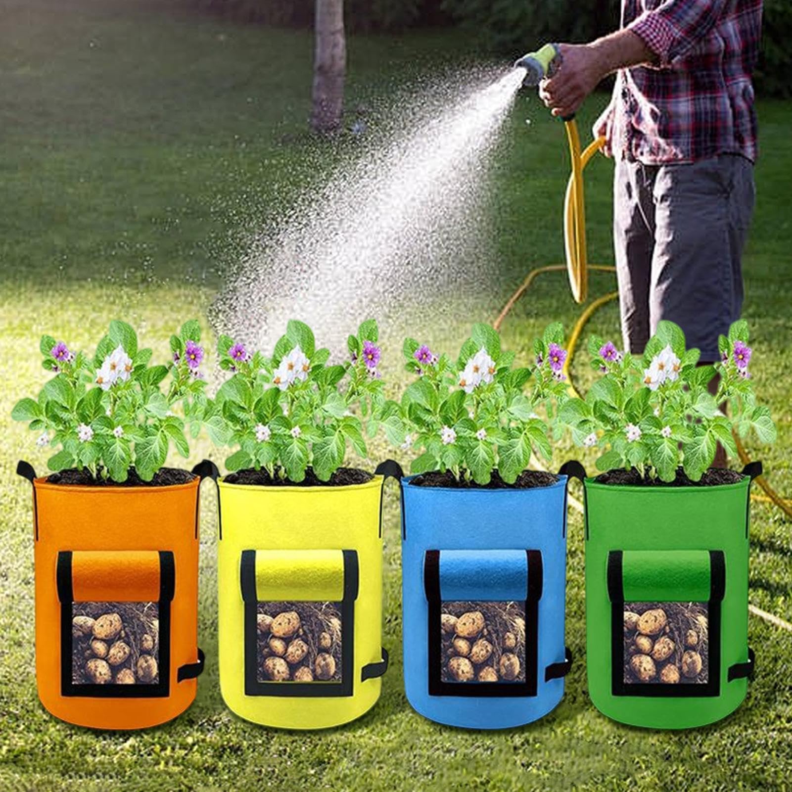 Bolsas De Cultivo Para Patata Macetas de Tela para Siembra de Verduras | 4 Contenedores De Tela Con Asa Bolsas de Plantación para Patatas, Tomates, Cebollas,